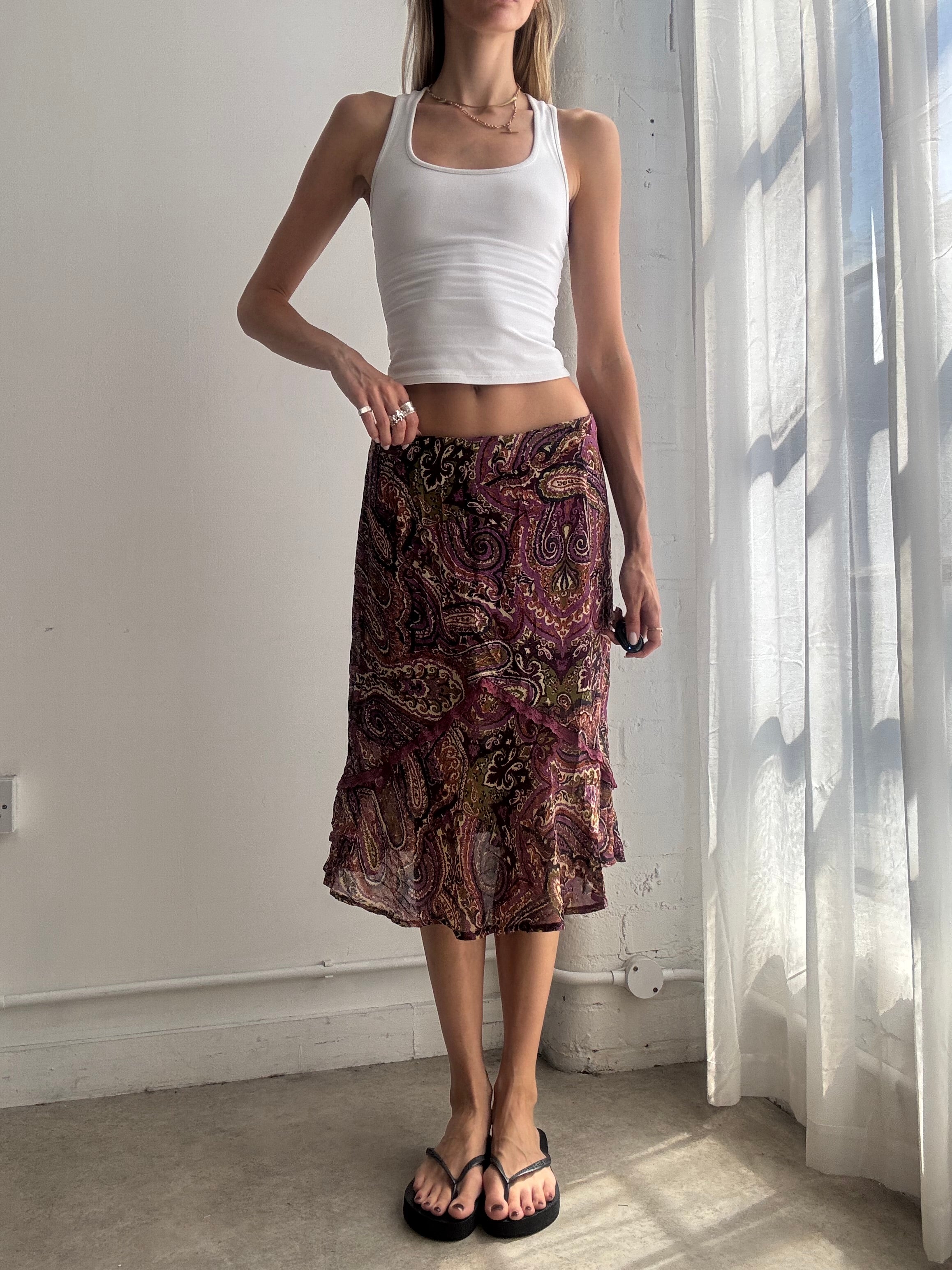 Vintage Paisley Print Mesh Midi Skirt Y2K - Size M