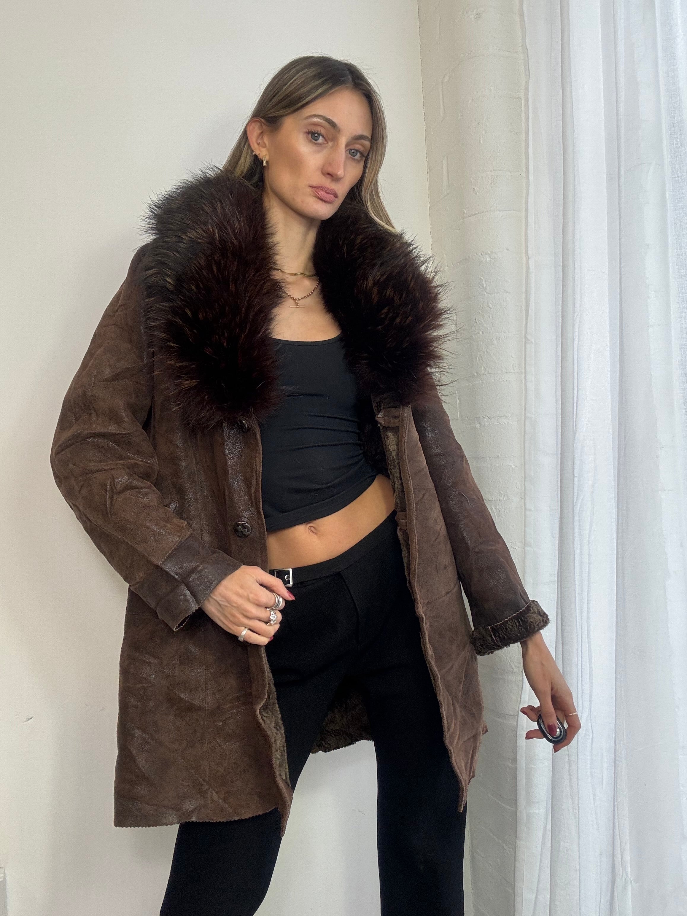 Vintage 90s brown leather & fur trim afghan coat