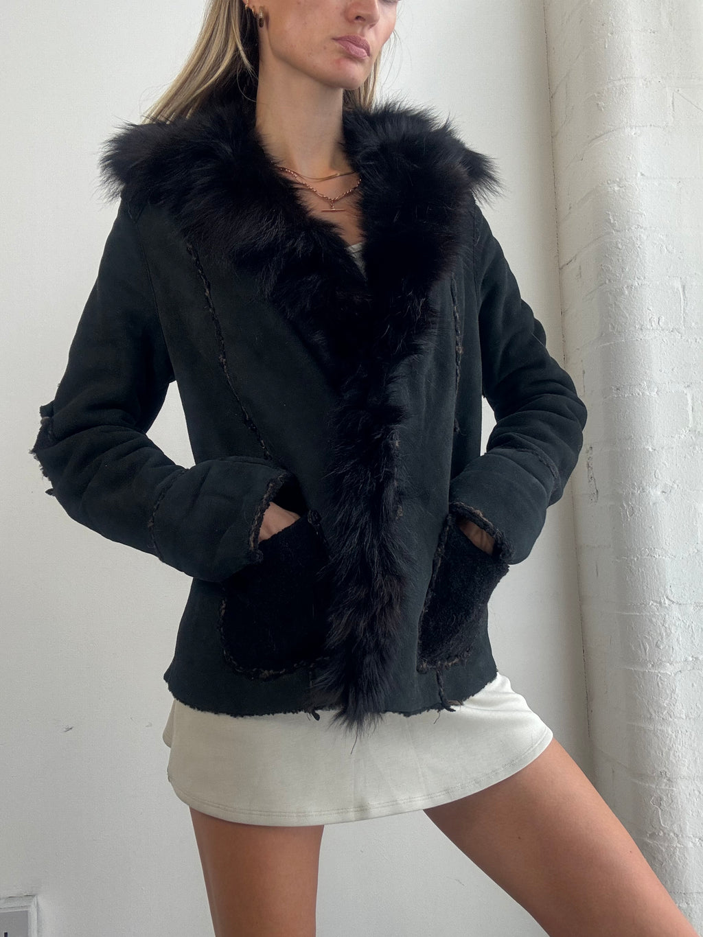Vintage Y2K Black Real Fur Trim Afghan Jacket - Size S/M