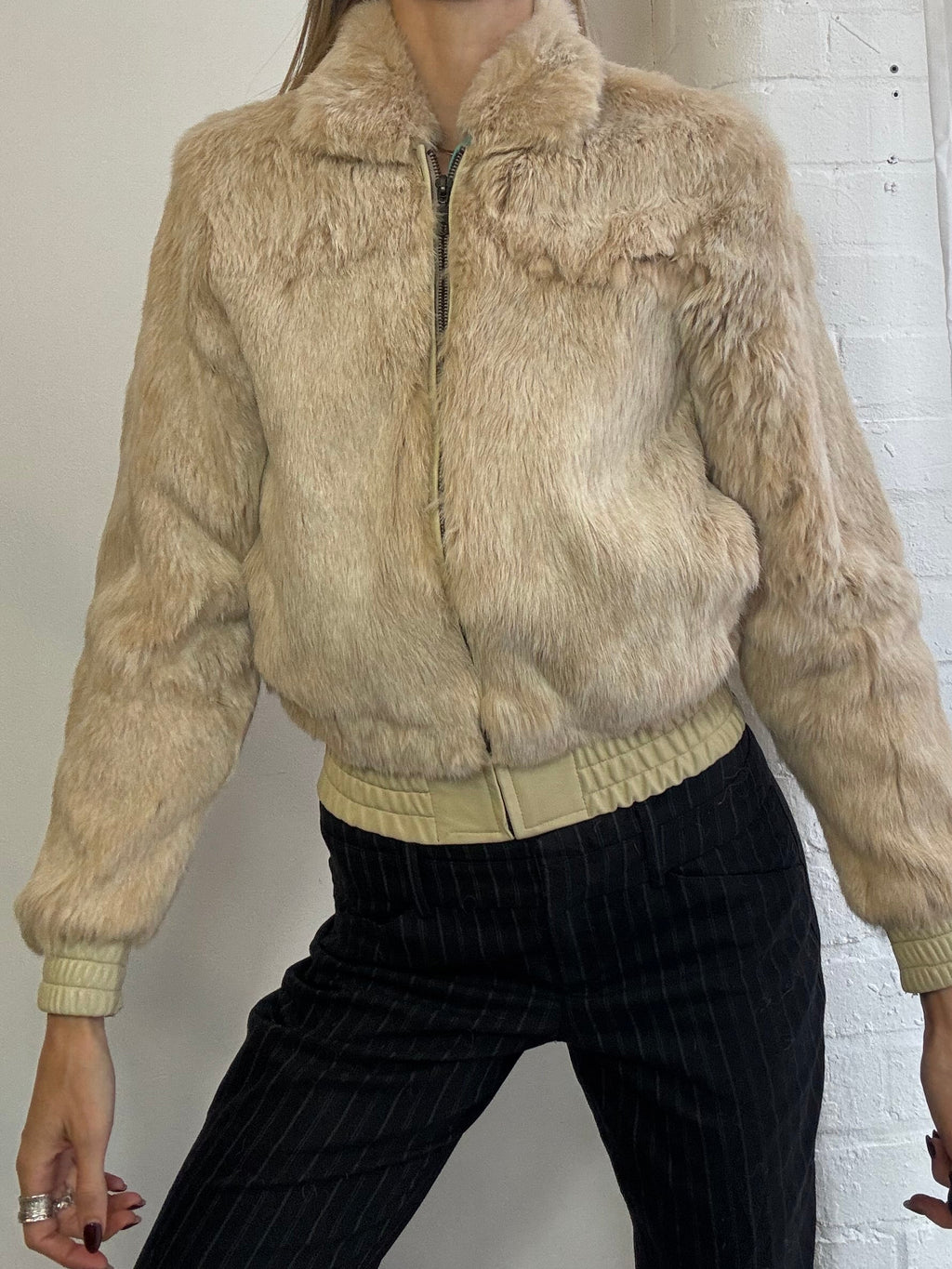 Vintage cream genuine fur bomber jacket
