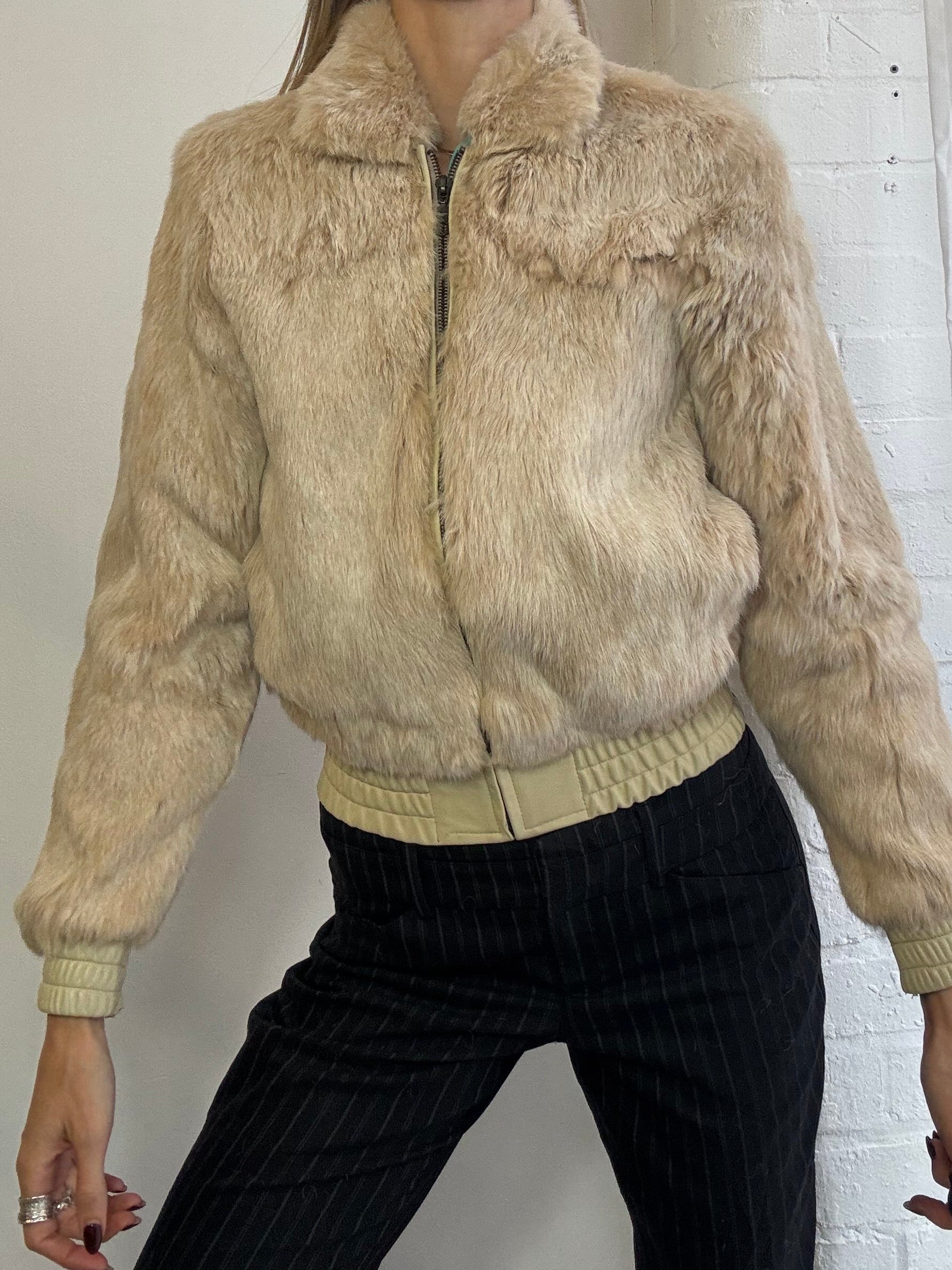 Vintage cream genuine fur bomber jacket