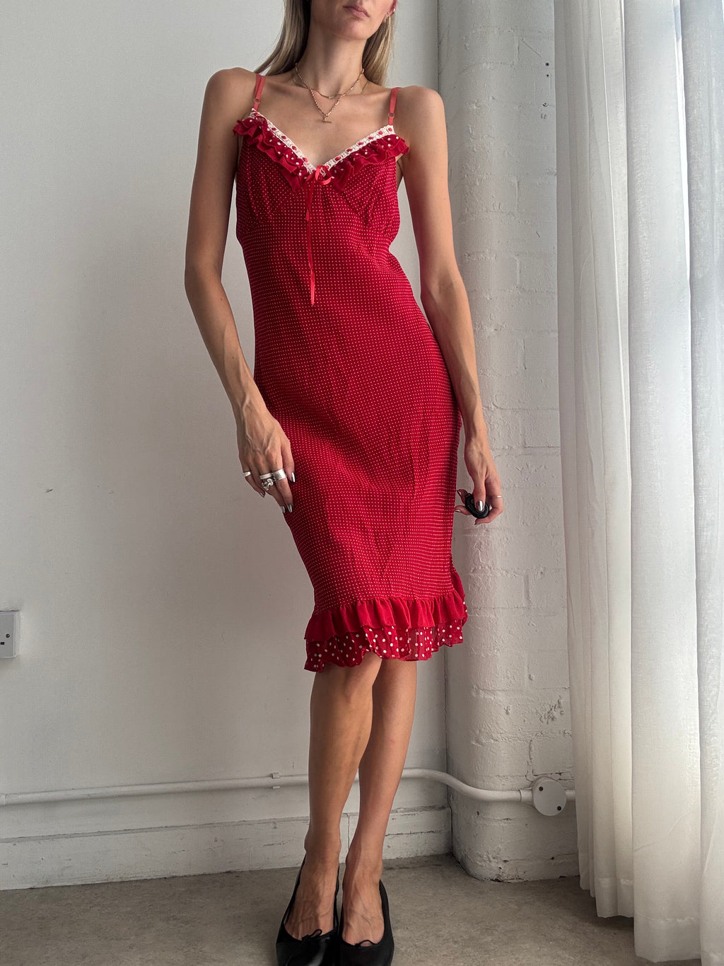 Vintage Y2K Red Polka Dot Ruffle Trim Slip Midi Dress – Size M