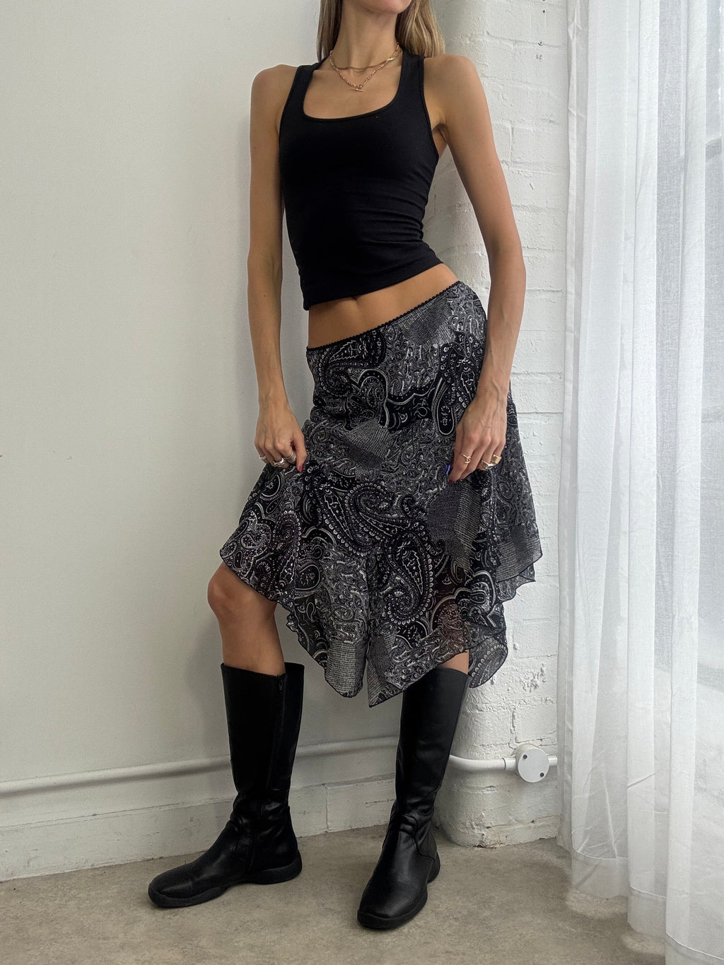 Vintage Y2K paisley print mesh midi skirt asymmetric