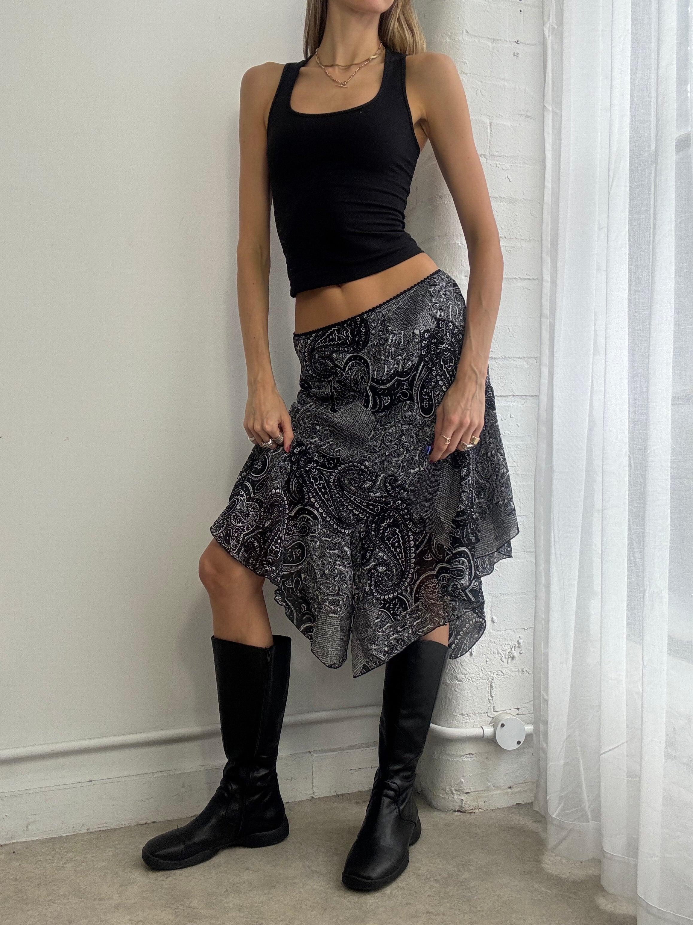 Vintage Y2K paisley print mesh midi skirt asymmetric