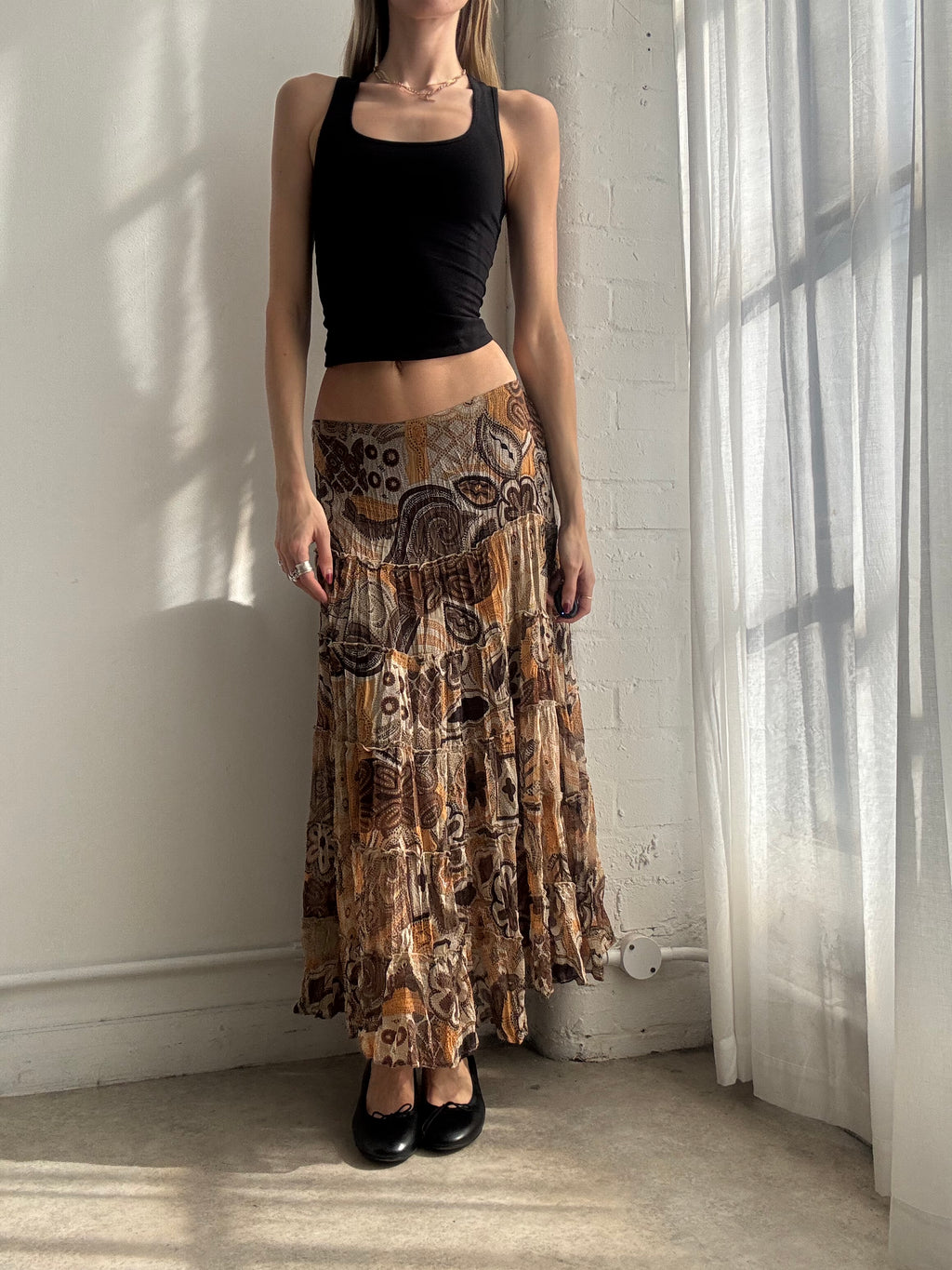 Vintage Y2K brown mesh paisley tiered maxi skirt