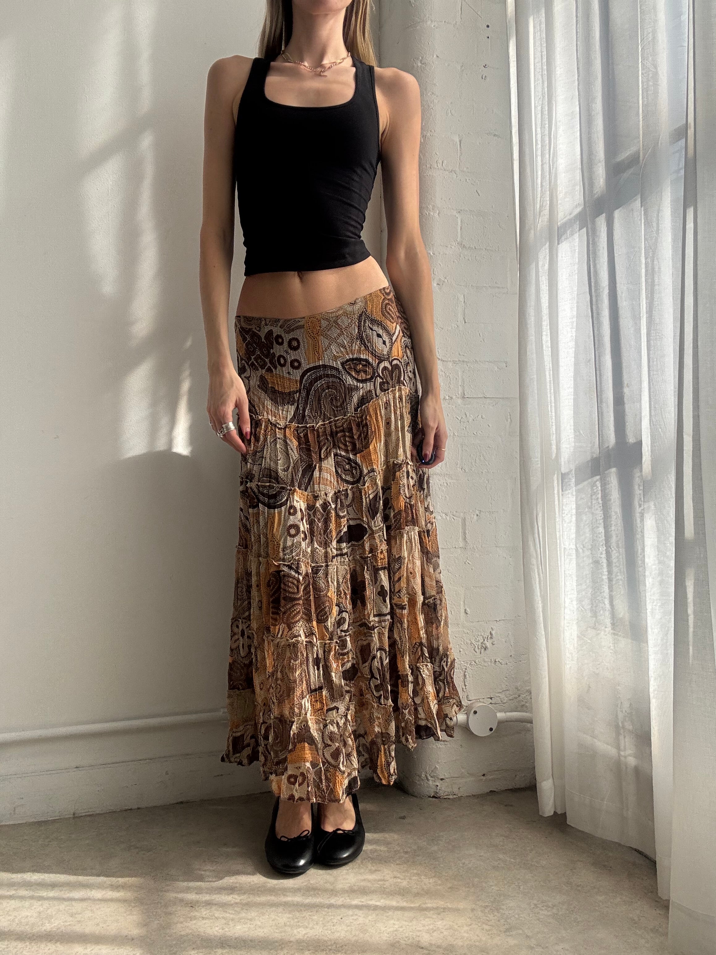 Vintage Y2K brown mesh paisley tiered maxi skirt