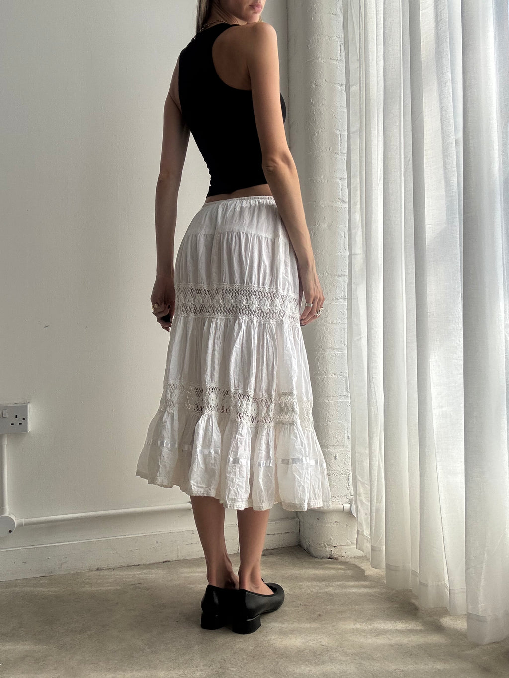Vintage white tiered prairie midi skirt - size XS/S