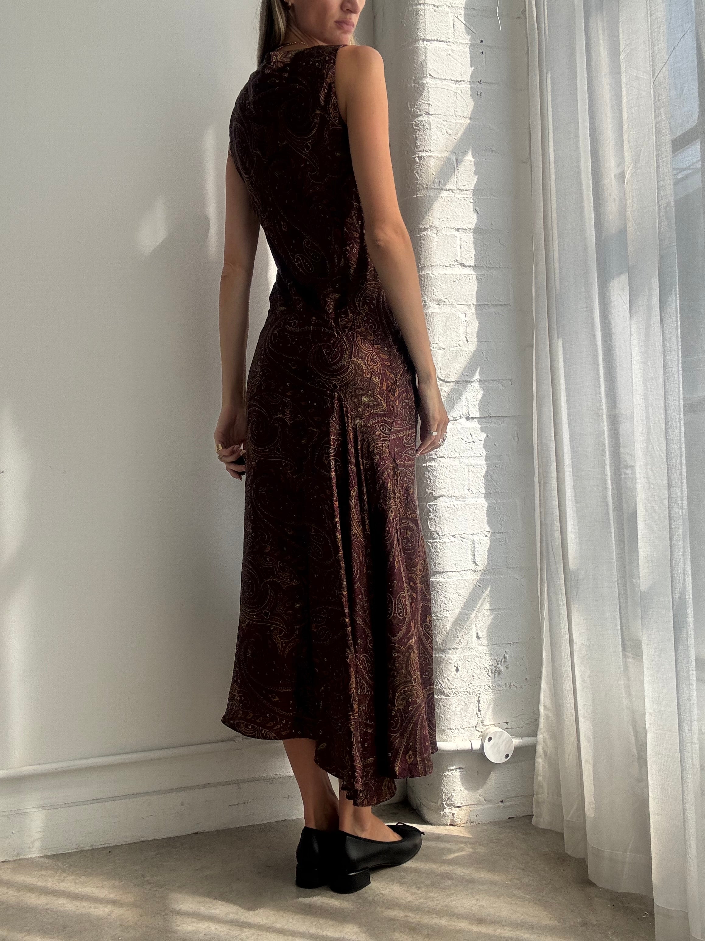 Vintage Y2K Ralph Lauren Burgundy Paisley Bias Cut Silk Maxi Dress