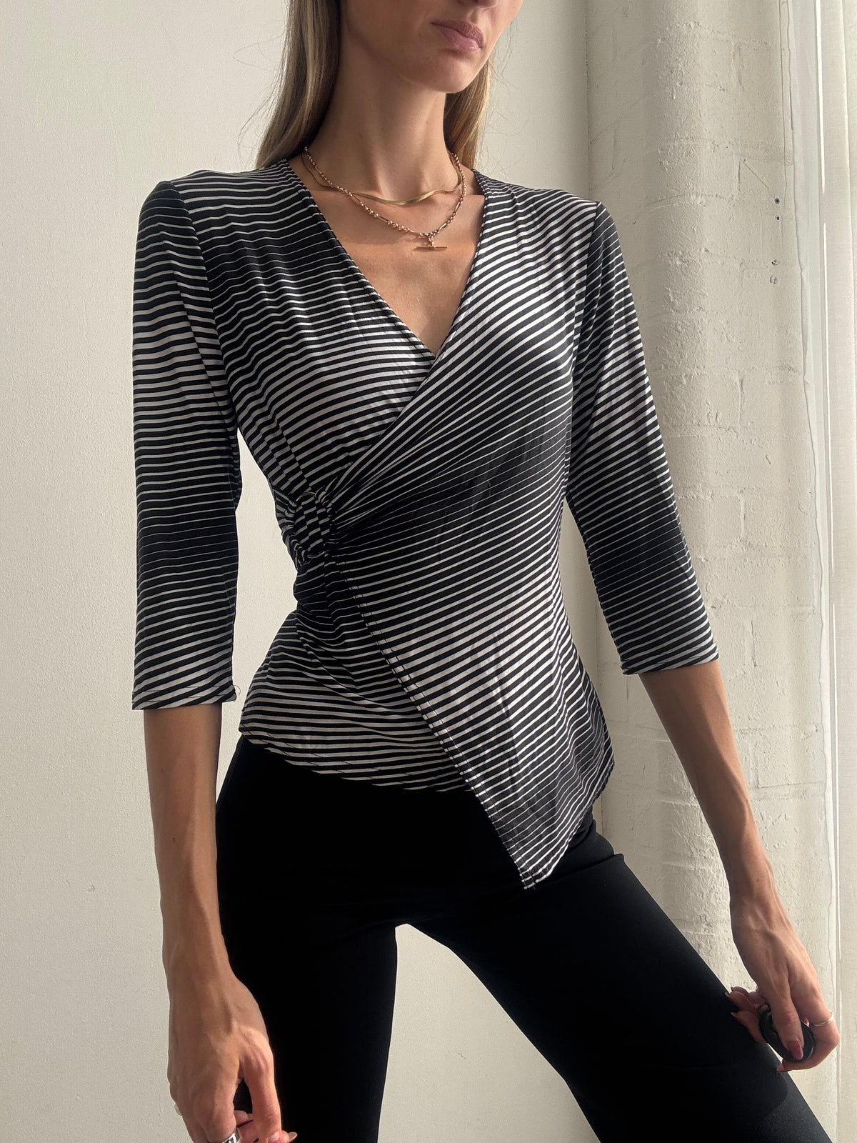 Vintage Y2K Black & White Striped Wrap Top - Size L