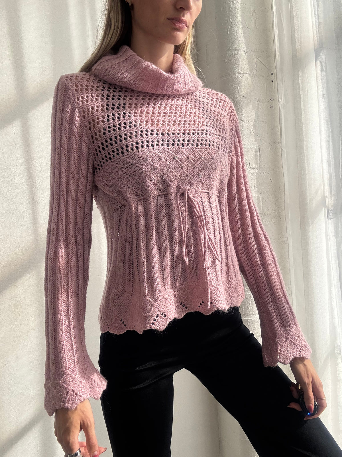 Vintage Y2K Morgan De Toi Dusty Pink Crochet Knit Bell Sleeve Top - Size S/M