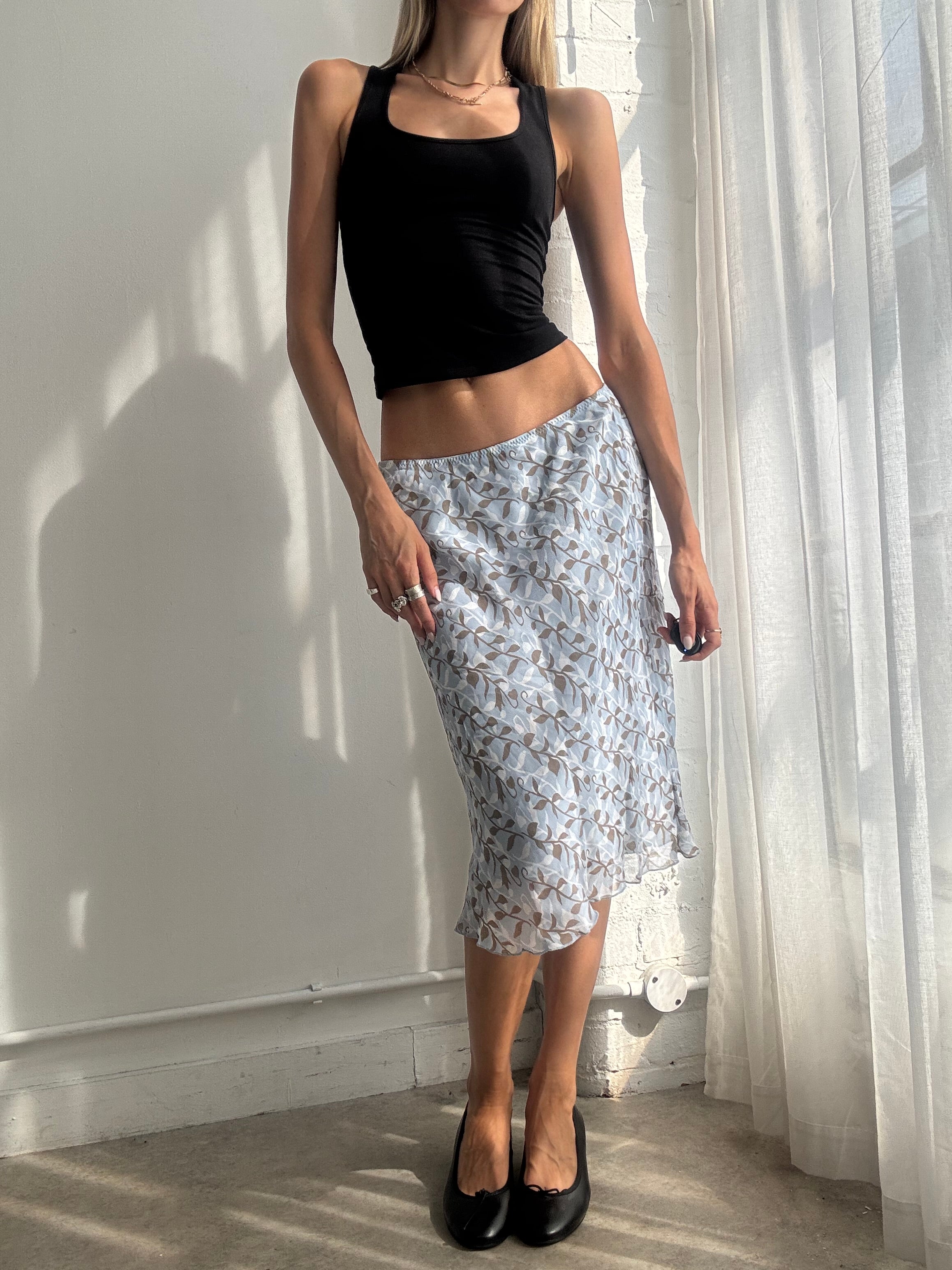 Vintage Y2K Blue Floral Bias Cut Mesh Midi Skirt - Size M/L