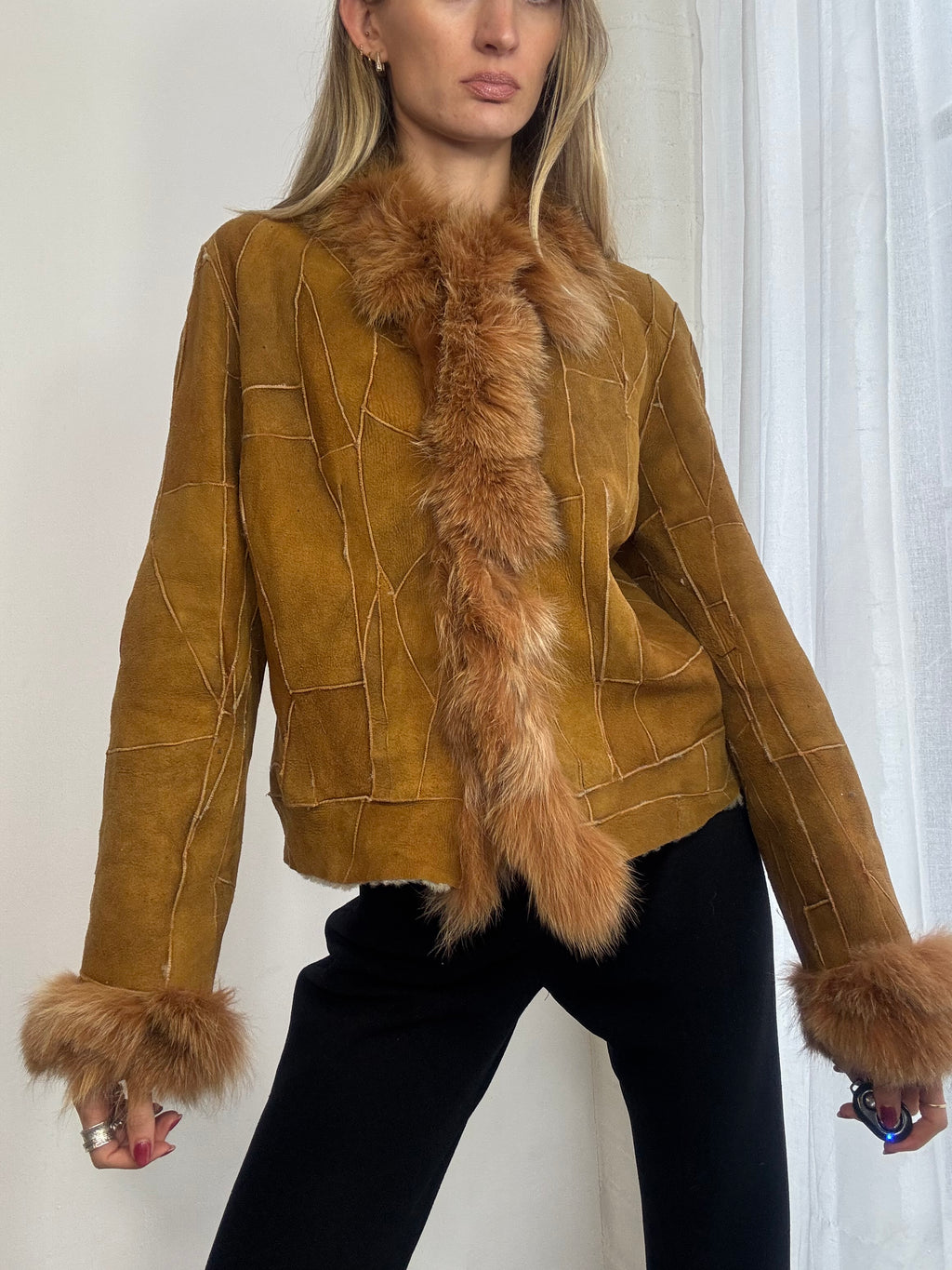 Vintage Y2K patchwork suede Afghan fur trim coat