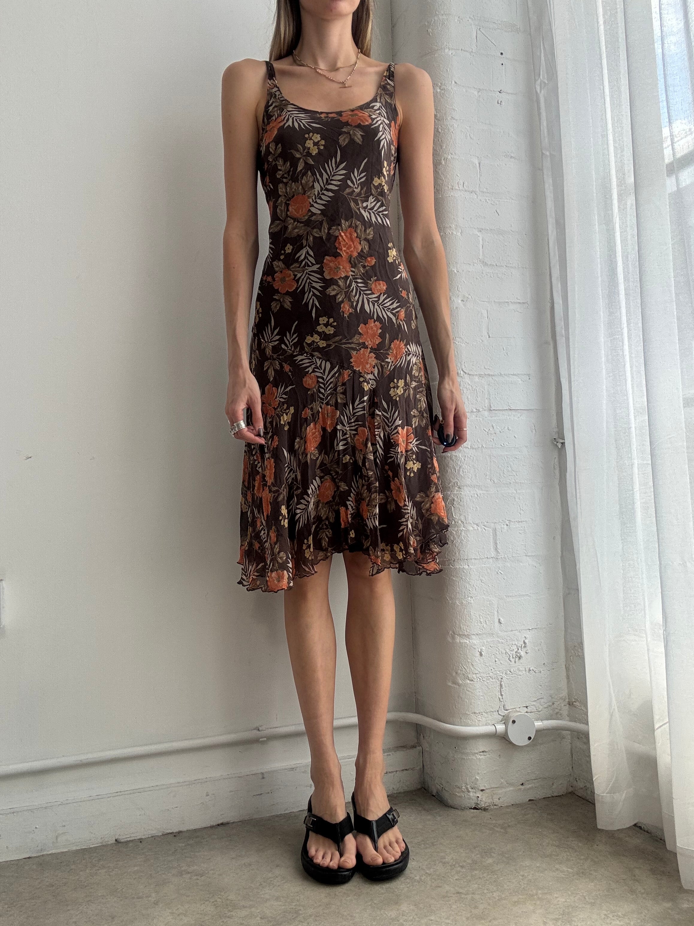 Vintage Y2k floral ruffle hem silk midi dress - Size S/M