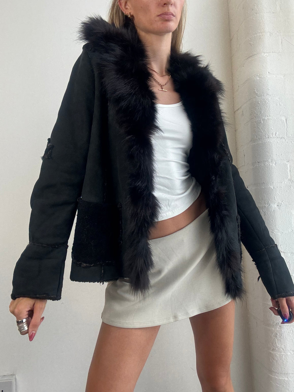 Vintage Y2K Black Real Fur Trim Afghan Jacket - Size S/M