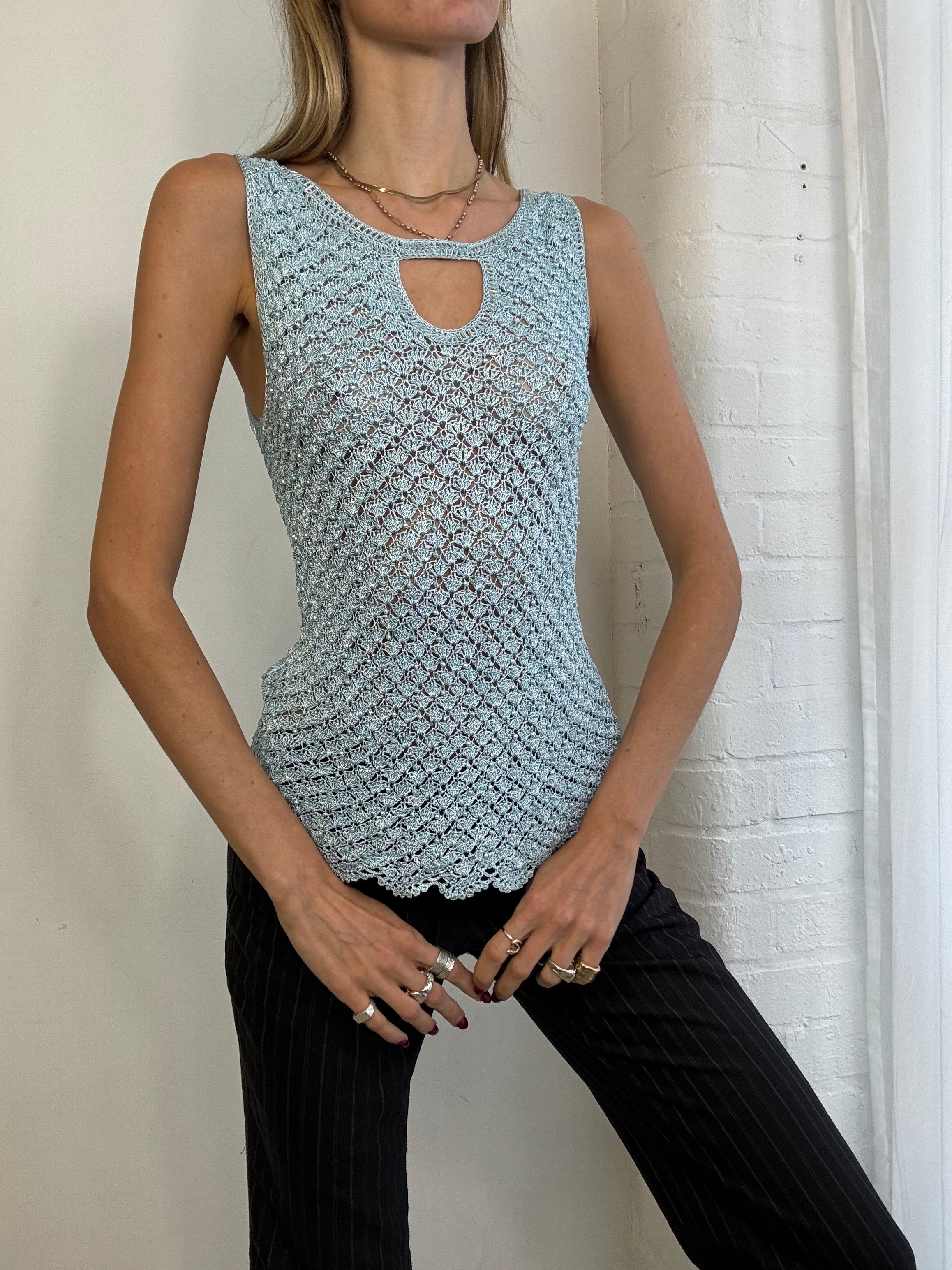 Vintage Y2K blue crochet beaded tank top