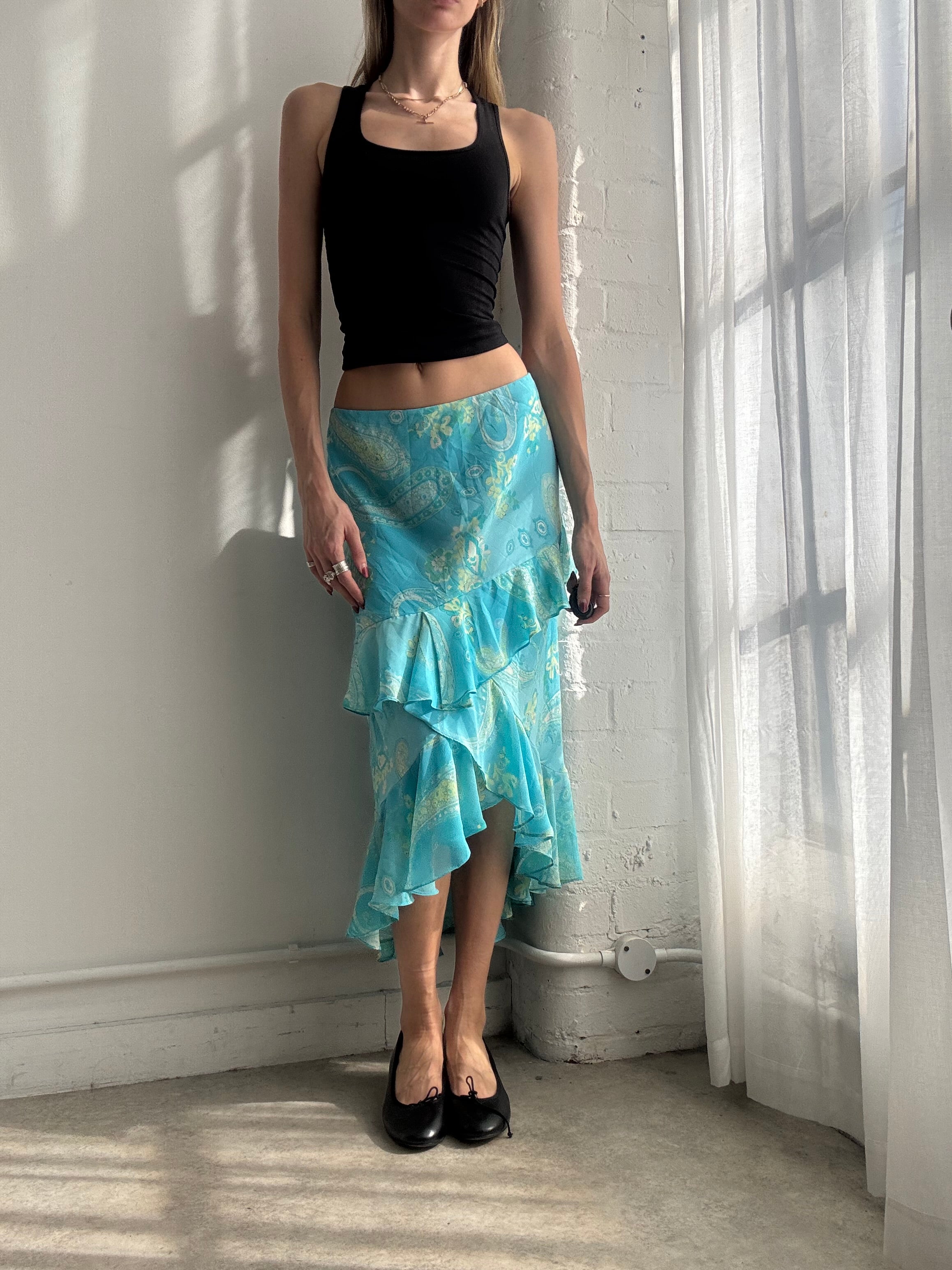 Vintage Y2K turquoise floral ruffle mesh midi skirt asymmetric