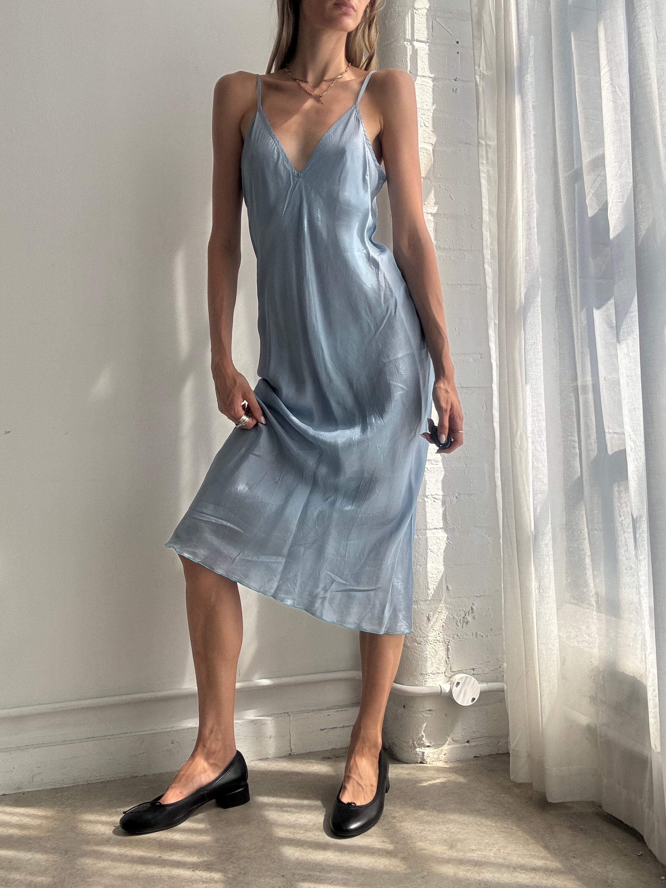 Vintage Y2K Ice Blue Satin Slip Dress - Size S