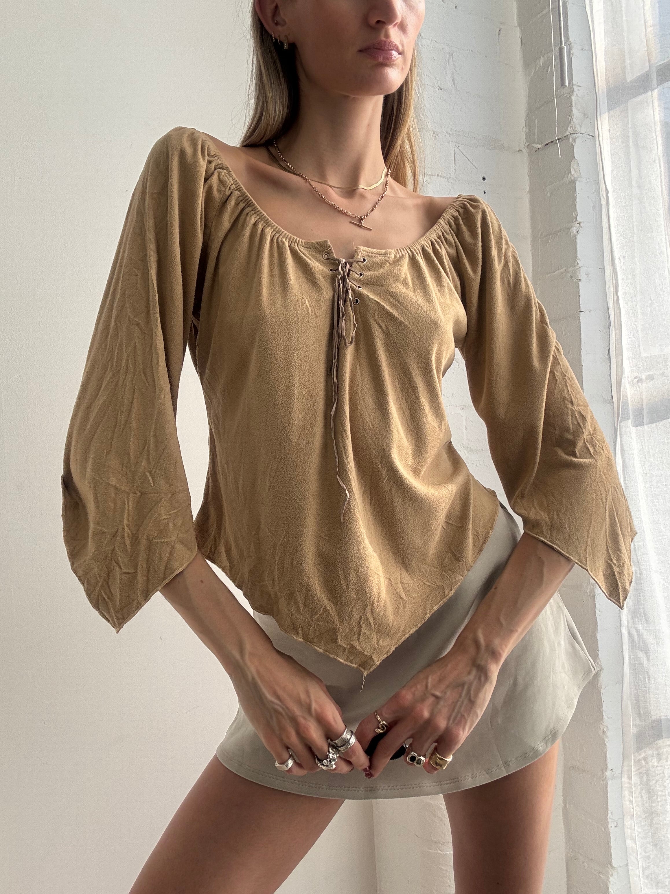 Vintage Y2k Faux Suede Asymmetric Top Boho