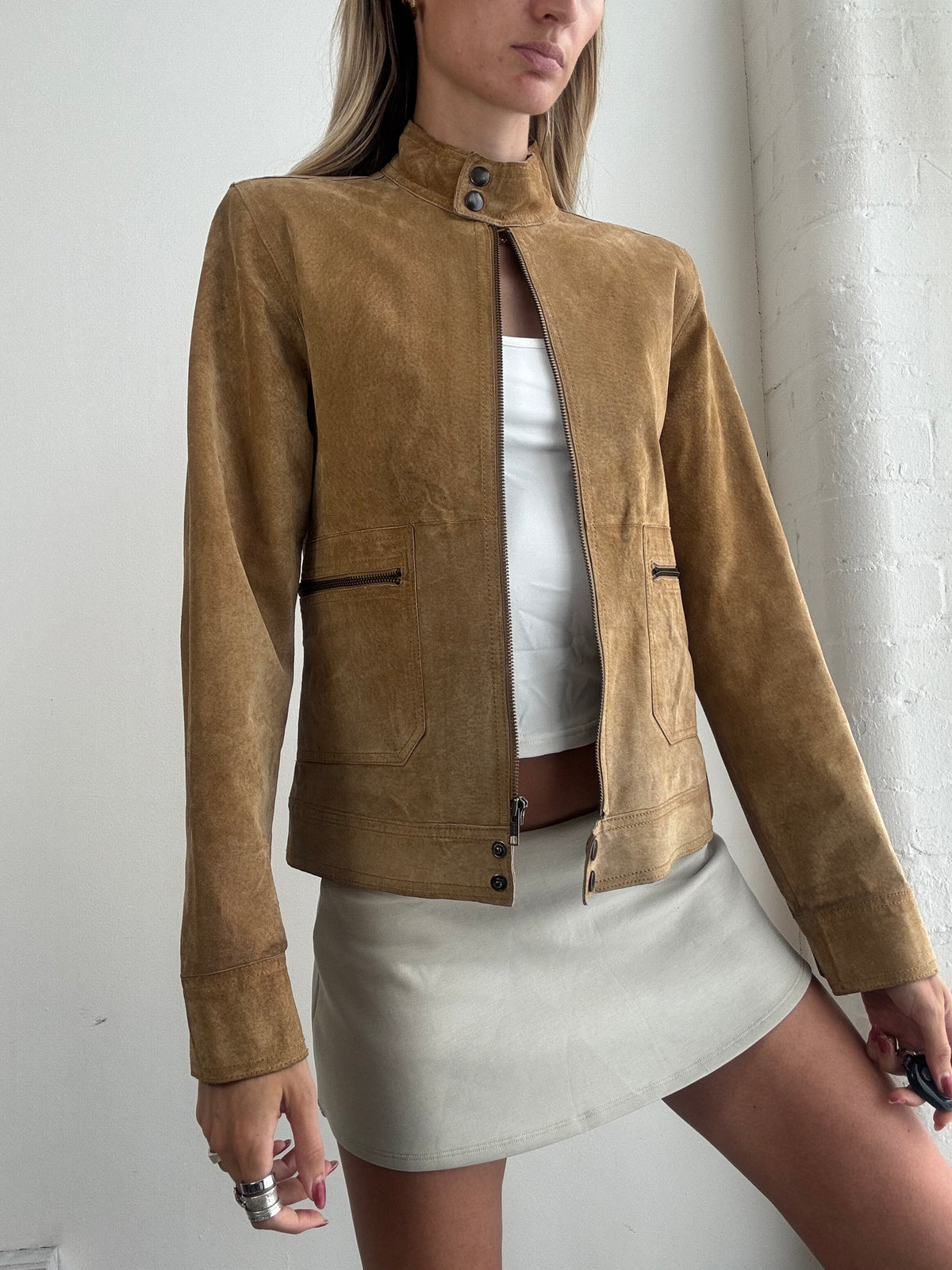 Vintage Y2K Tan Suede Fitted Biker Jacket - Size M