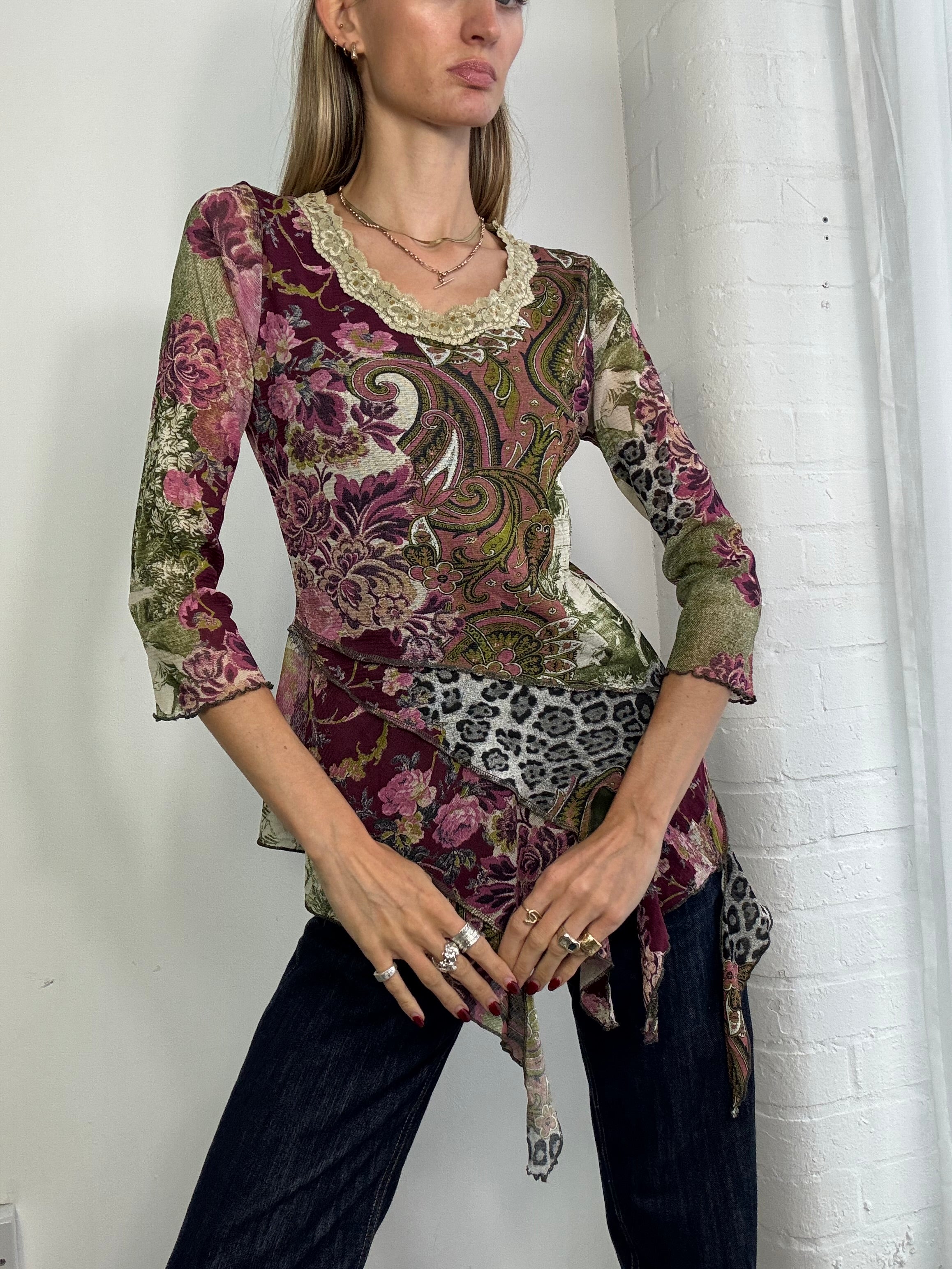 Vintage Y2K graphic mesh & lace top