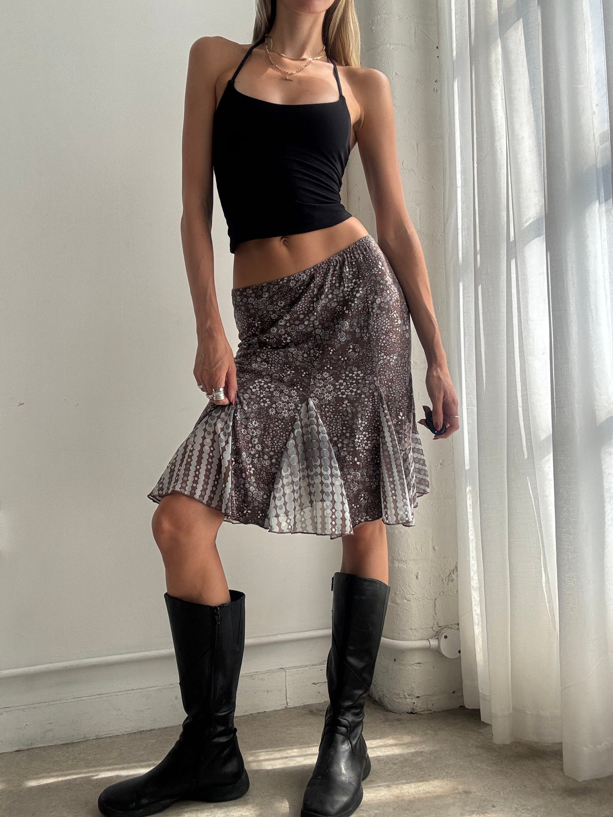 Vintage Y2K Brown Floral Midi Skirt - Size XS/S