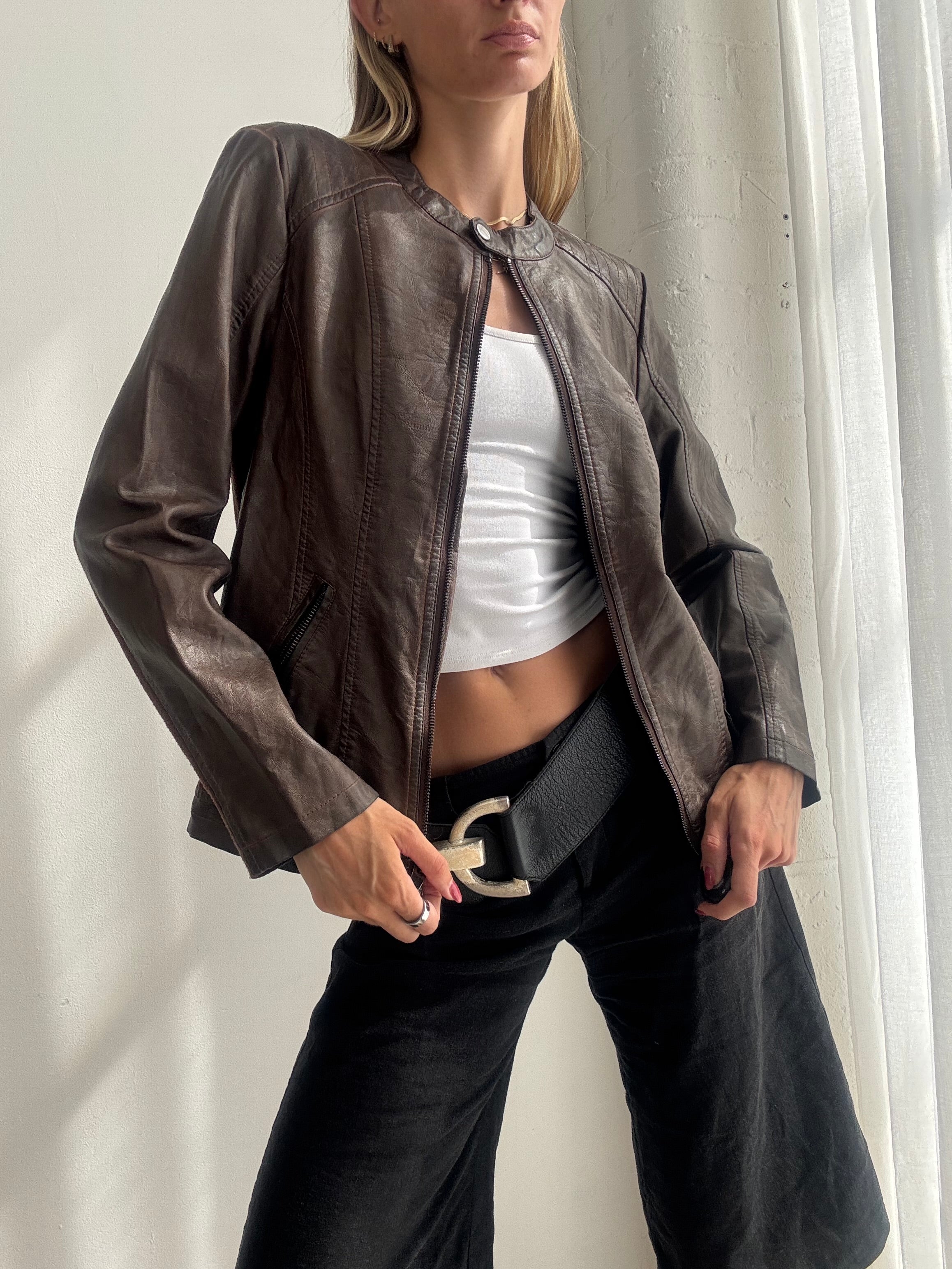 Vintage Y2K Chocolate Brown Faux Leather Biker Jacket - Size M