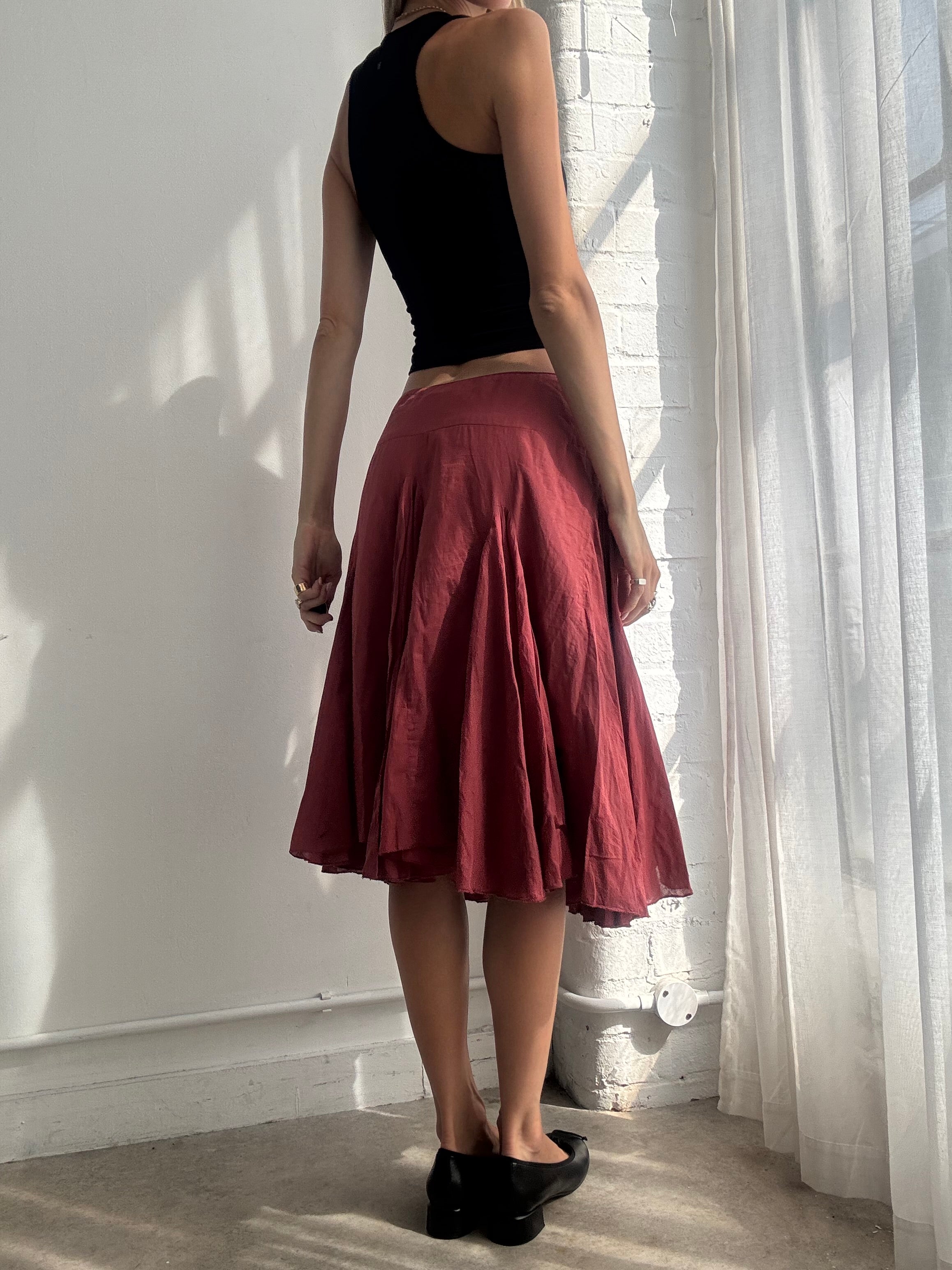 Vintage Y2K Burgundy Cotton Midi Skirt - Size M