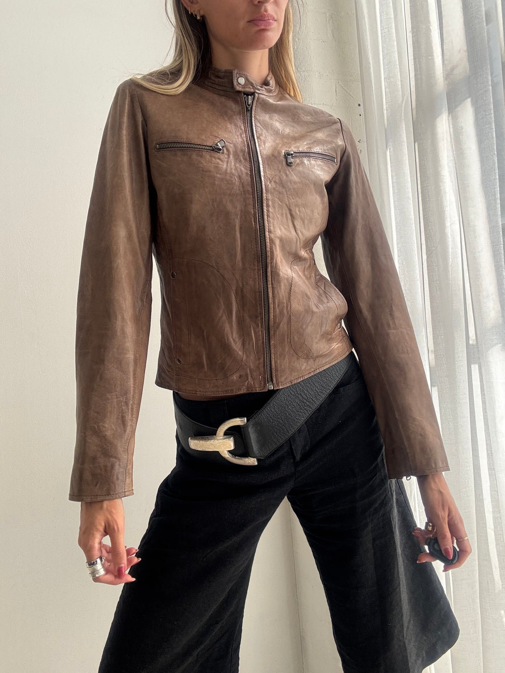 Vintage Y2K Brown Leather Biker Jacket - Size XS/S