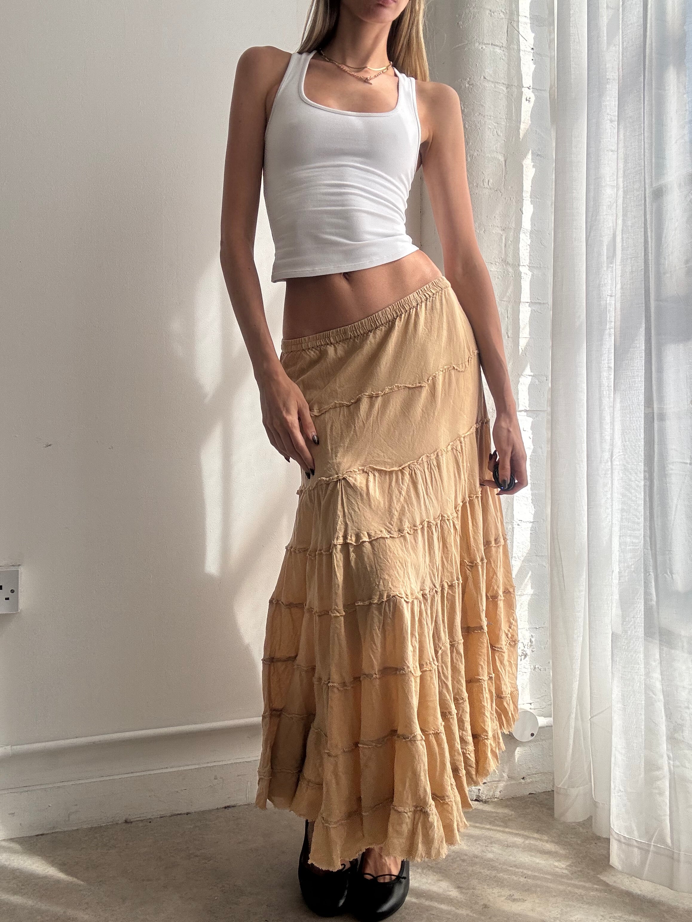 Vintage Y2K beige tiered cotton boho maxi skirt - Size S/M