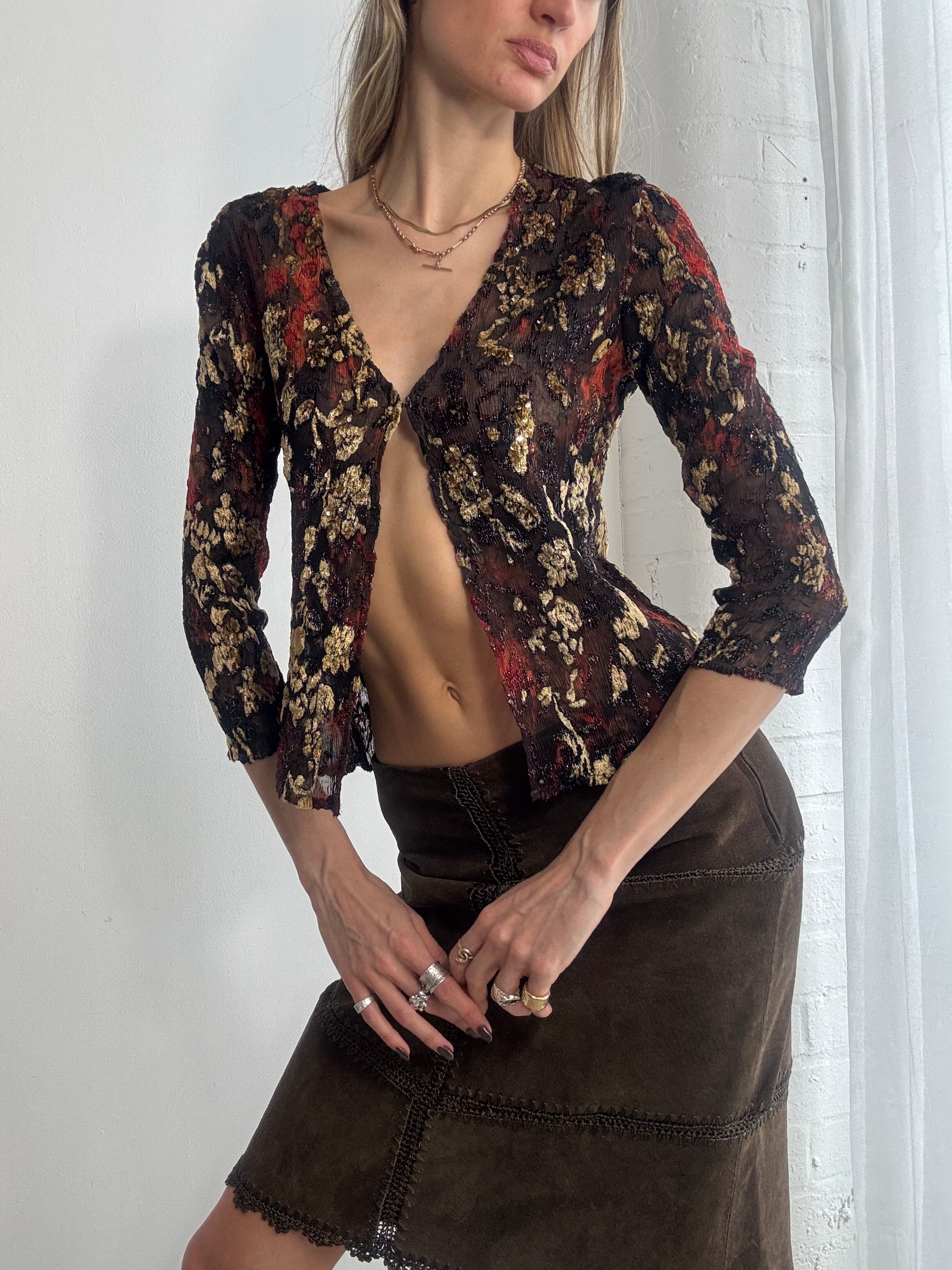 Vintage Y2K brown & orange floral open blouse - Size M