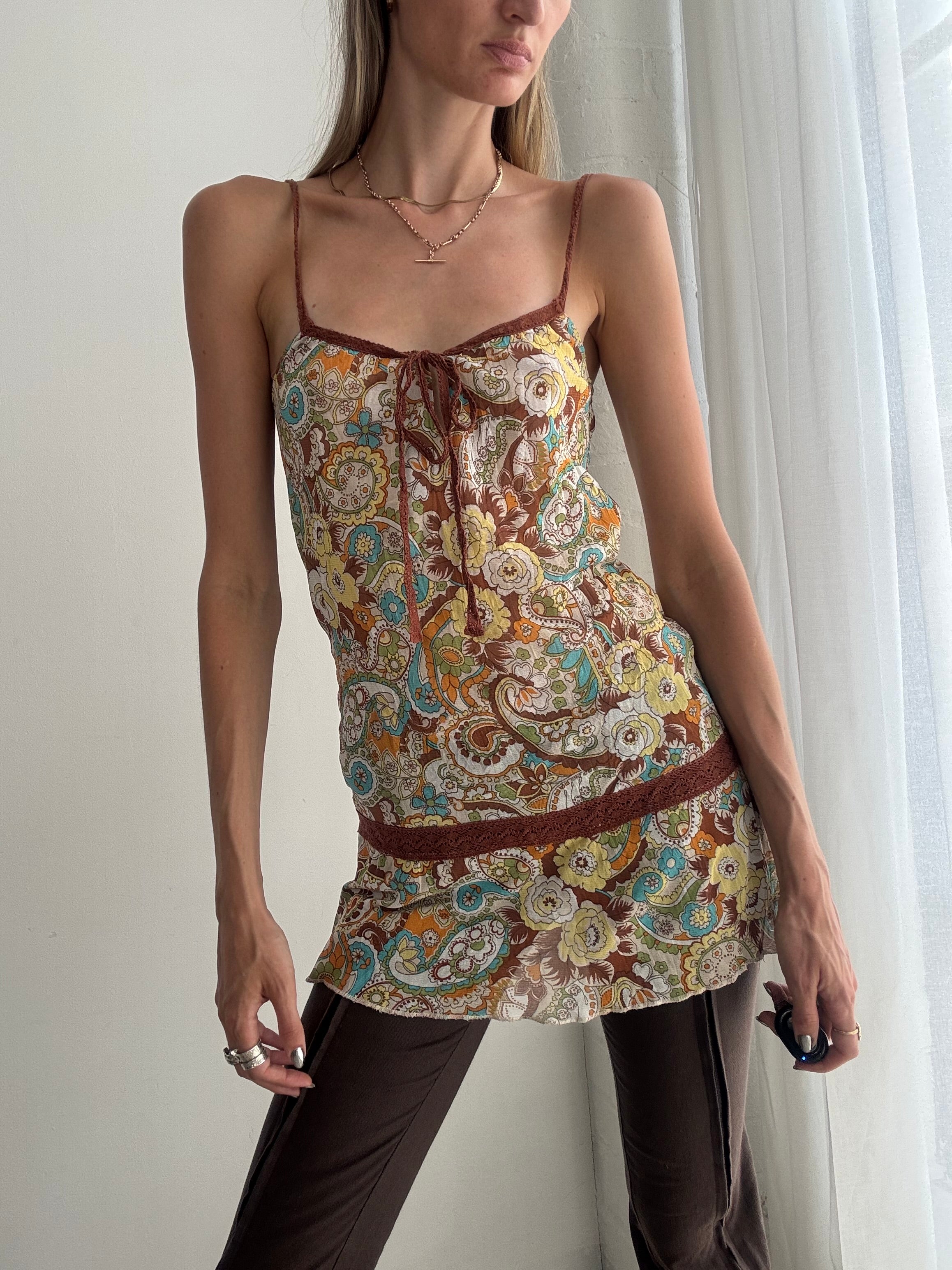 Vintage Y2K Paisley Floral Cami Top / Mini Dress  – Lace Trim - Size S