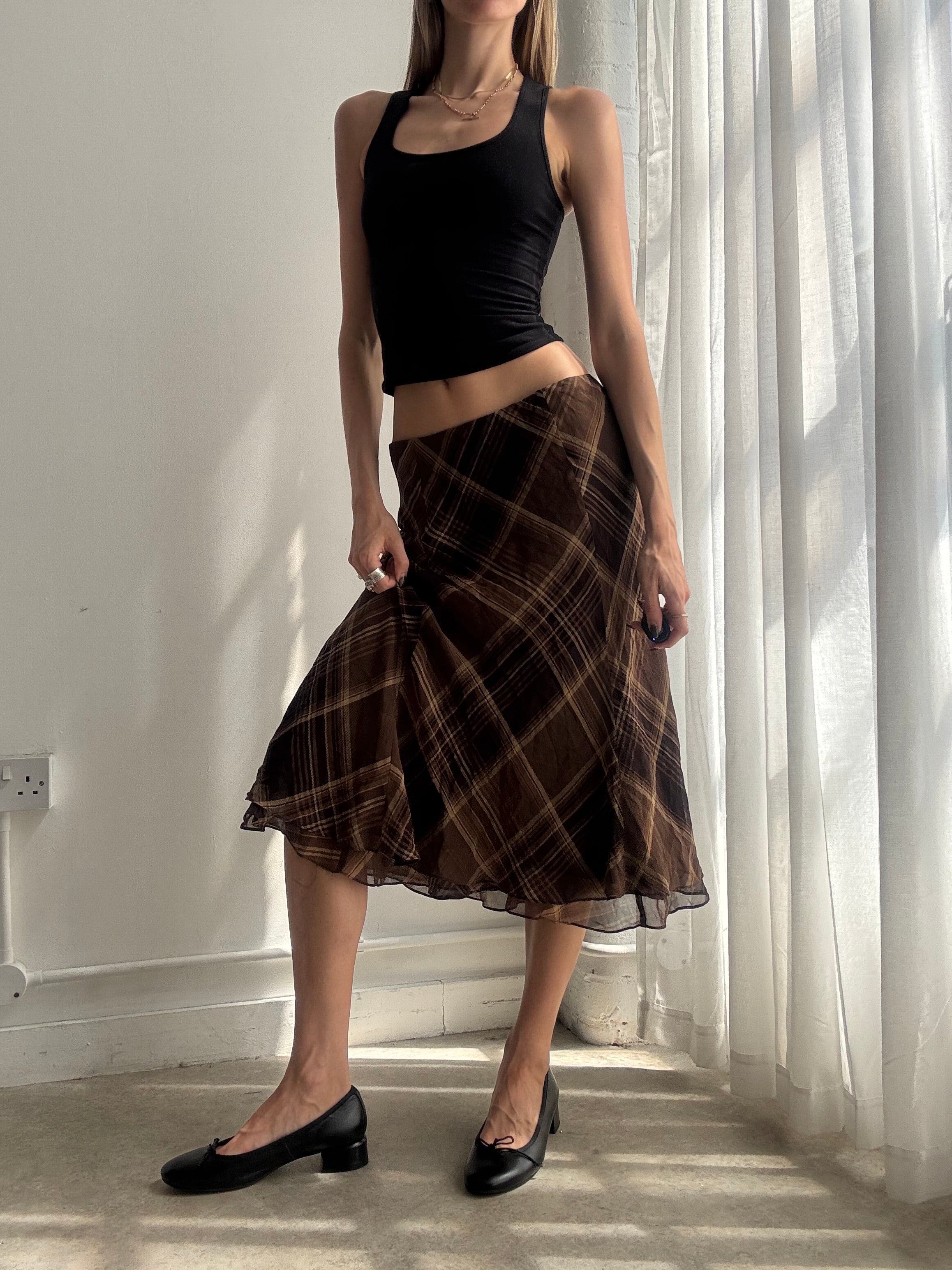 Vintage Ralph Lauren brown plaid bias-cut silk midi skirt - size M