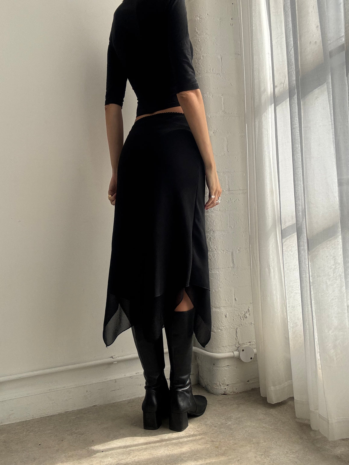 Vintage Y2K Black Mesh Asymmetric Midi Skirt - Size XS