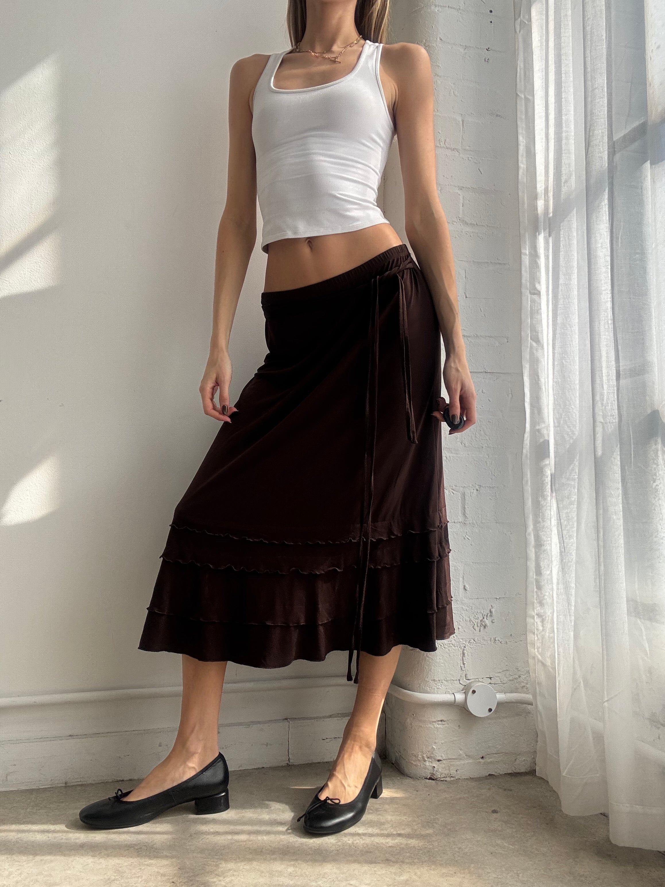 Vintage Y2K chocolate brown ruffle midi skirt