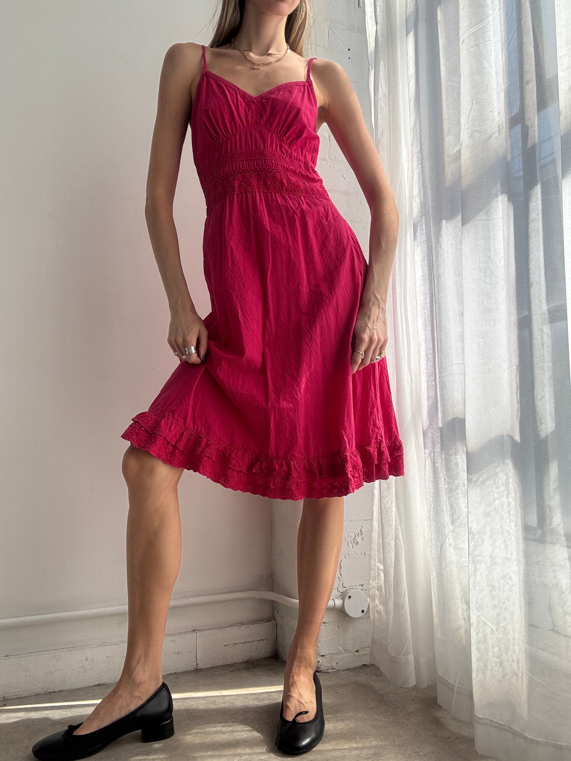 Vintage Y2K raspberry pink cotton midi dress - Size S