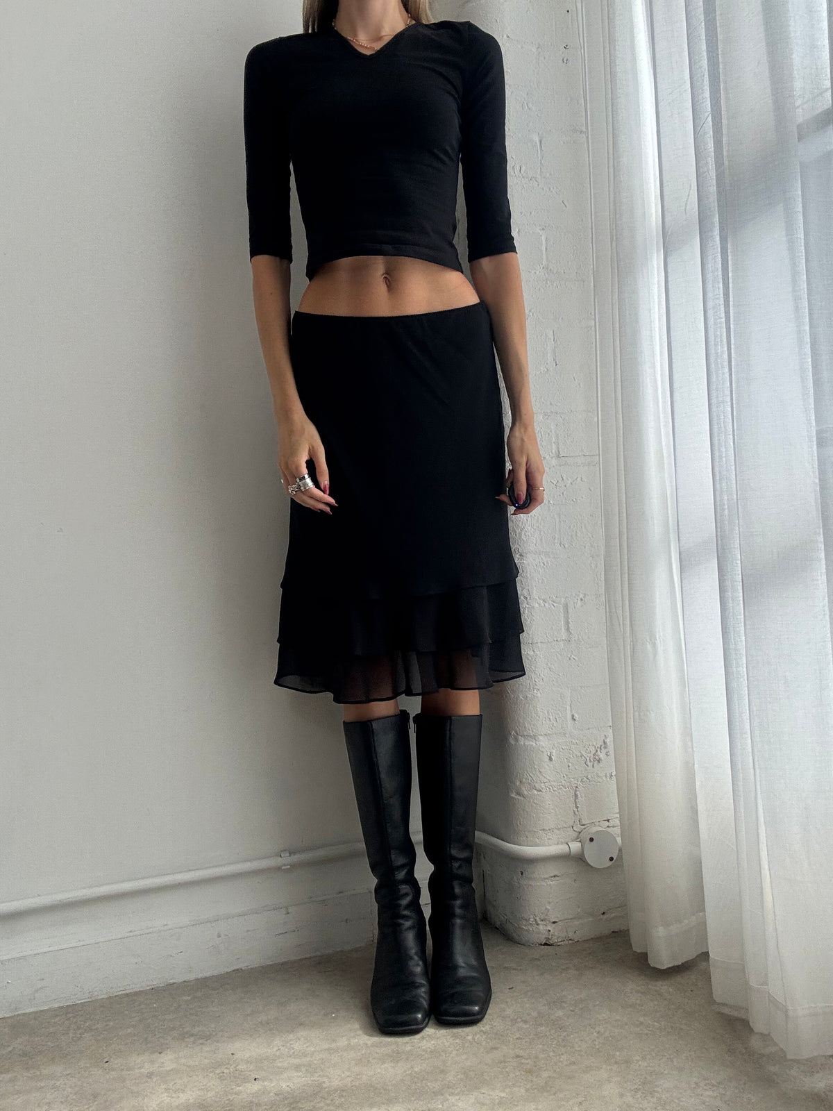 Vintage Y2K Black Asymmetric Layered Mesh Midi Skirt - Size S