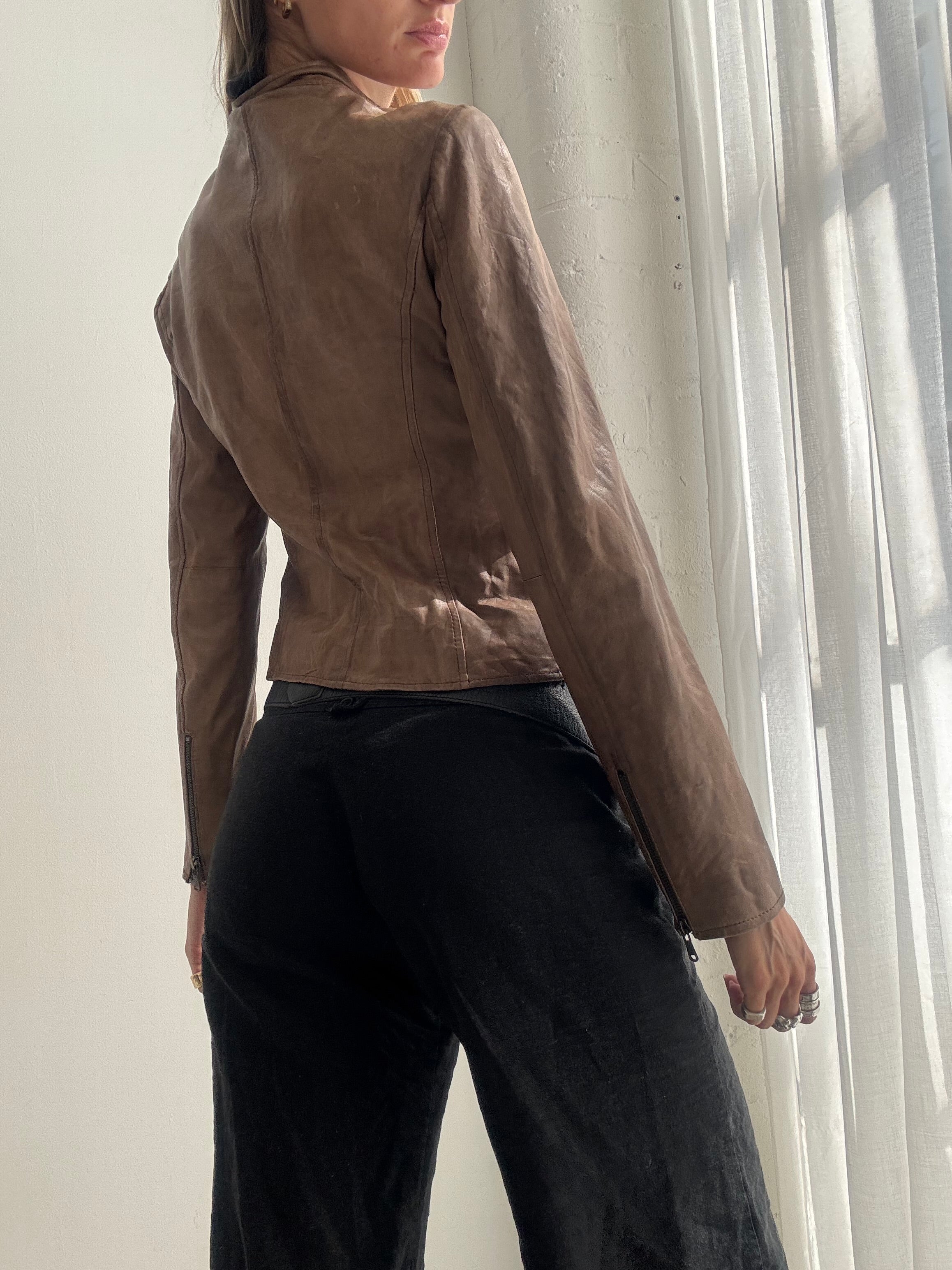 Vintage Y2K Brown Leather Biker Jacket - Size XS/S