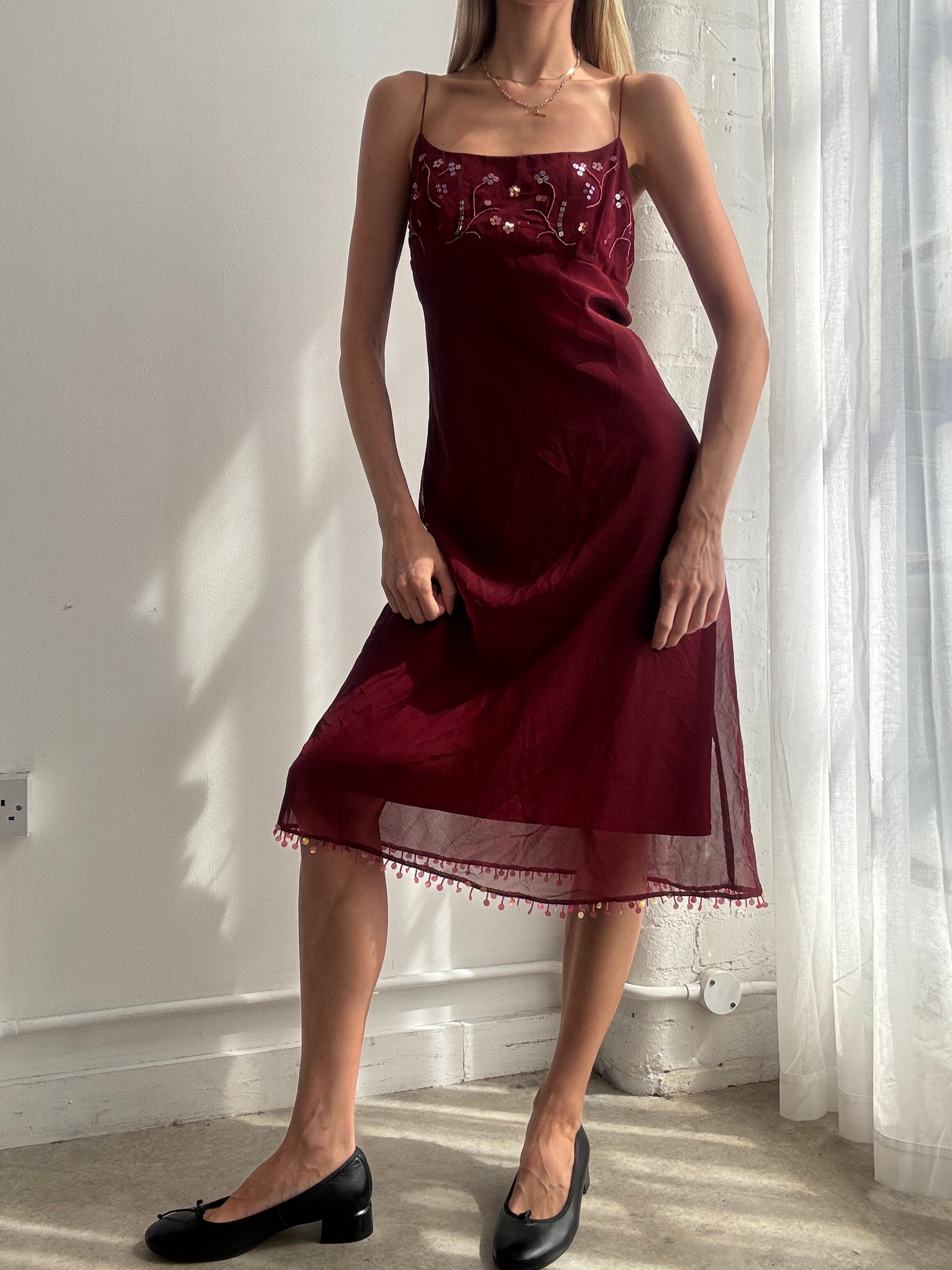 Vintage Y2K burgundy embellished mesh midi dress - Size M