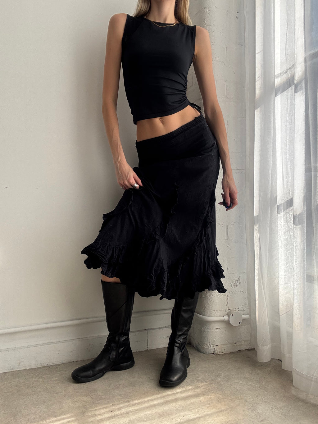 Vintage Y2K black ruffle cotton midi skirt
