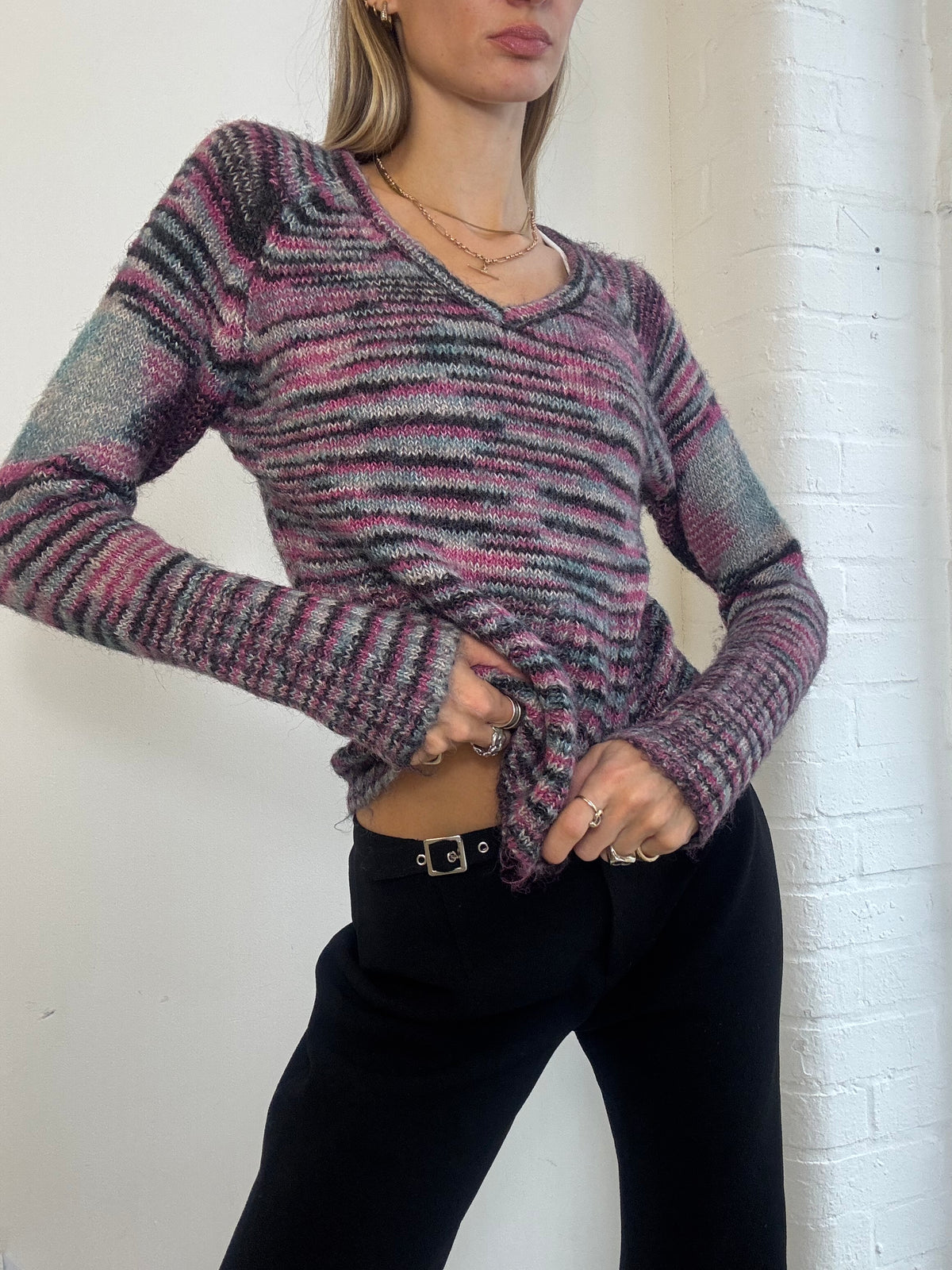 Vintage Y2K Pink & Grey Space Dye Mohair Knit V Neck Jumper - Size M