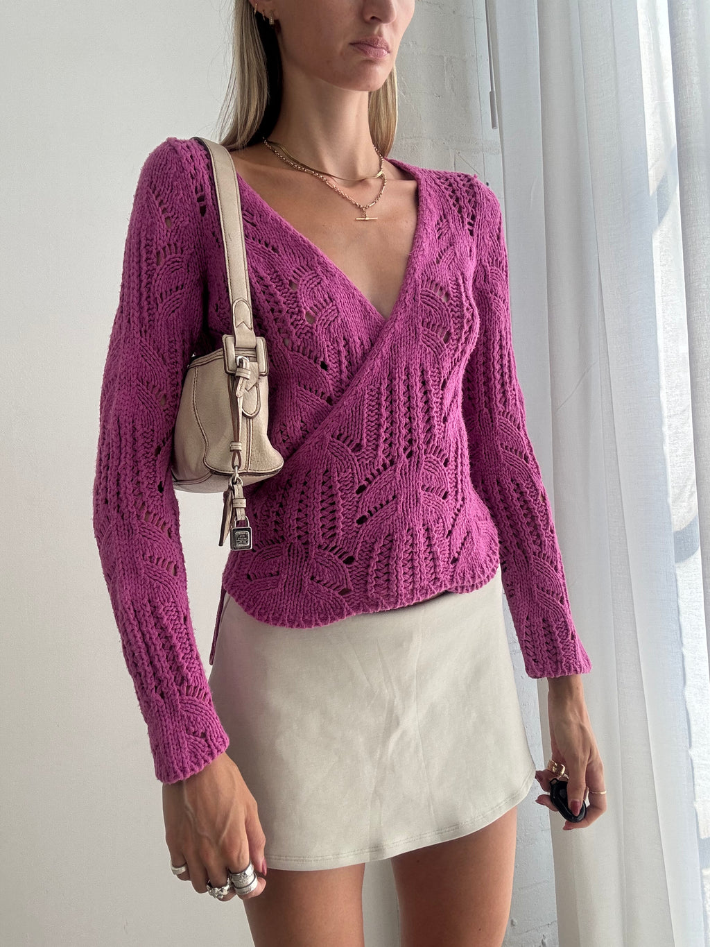 Vintage y2k Pink Crochet Wrap Knit Top Cardigan - Size XS/M
