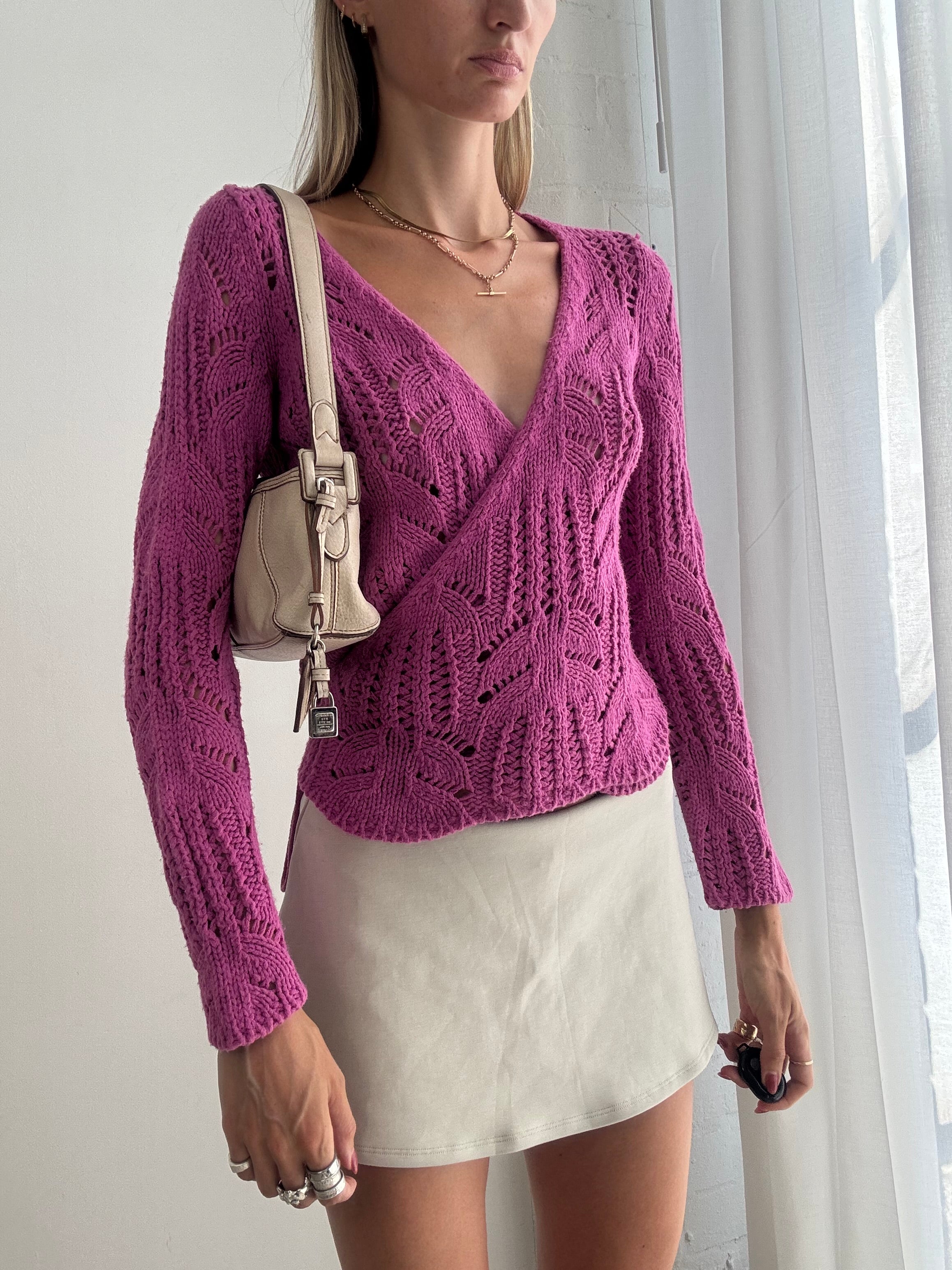 Vintage y2k Pink Crochet Wrap Knit Top Cardigan - Size XS/M
