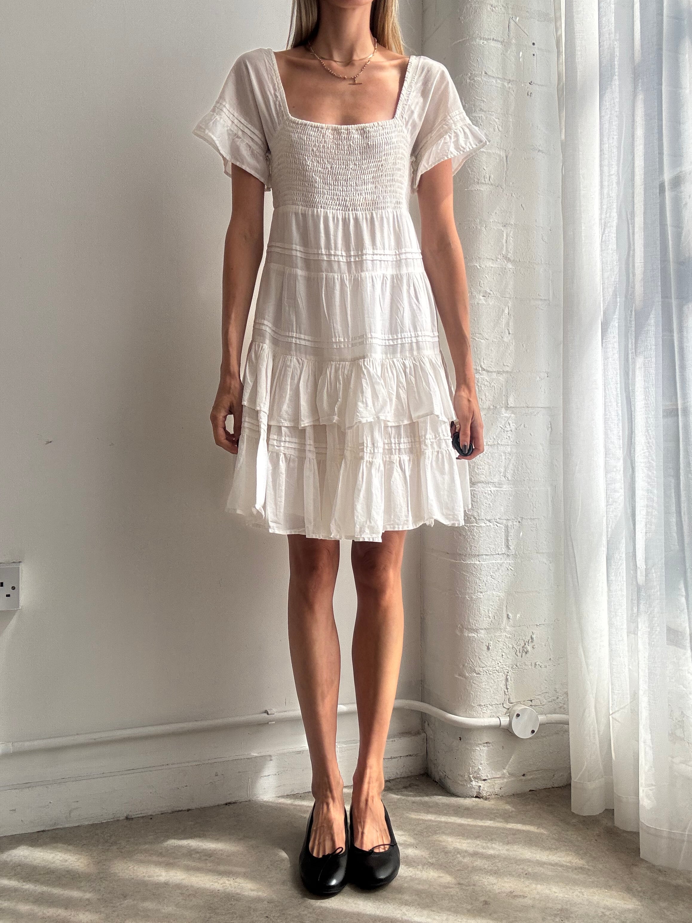 Vintage Y2K white tiered cotton prairie mini dress - Size S