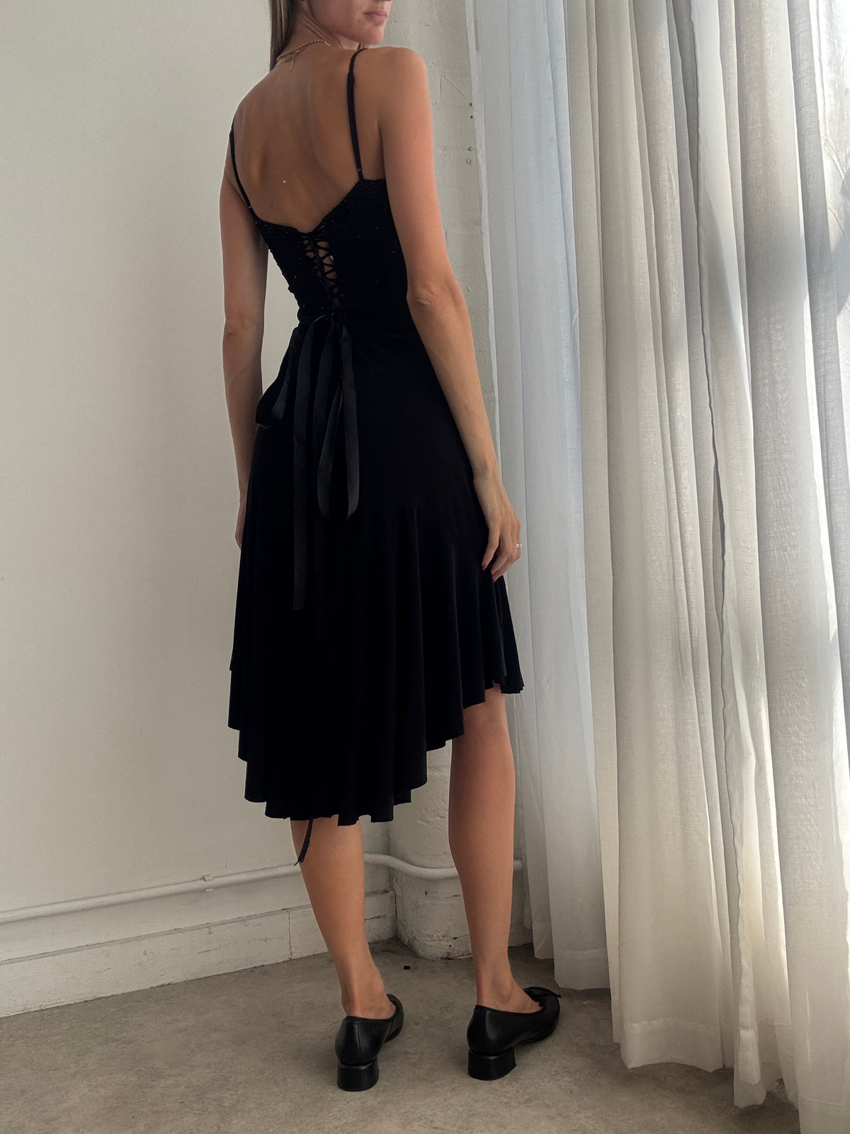 Vintage Y2K Black Asymmetric Beaded Strappy Midi Dress - Size XS/S