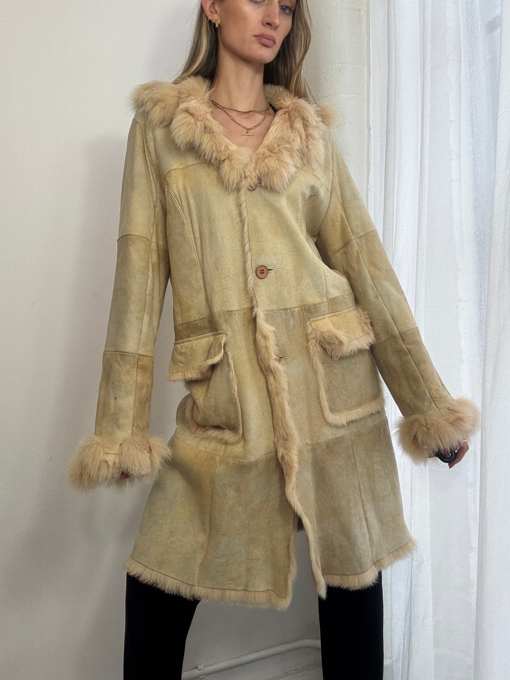 Vintage Y2K cream genuine suede long coat real fur trim