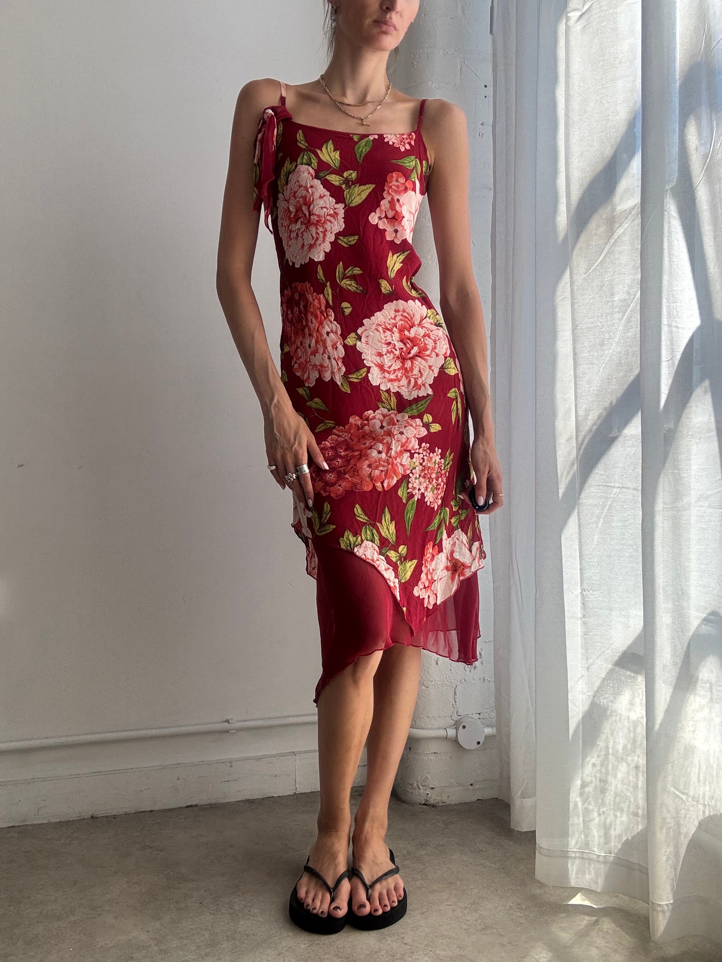 Vintage Red Floral Mesh Midi Dress Y2K - Size S