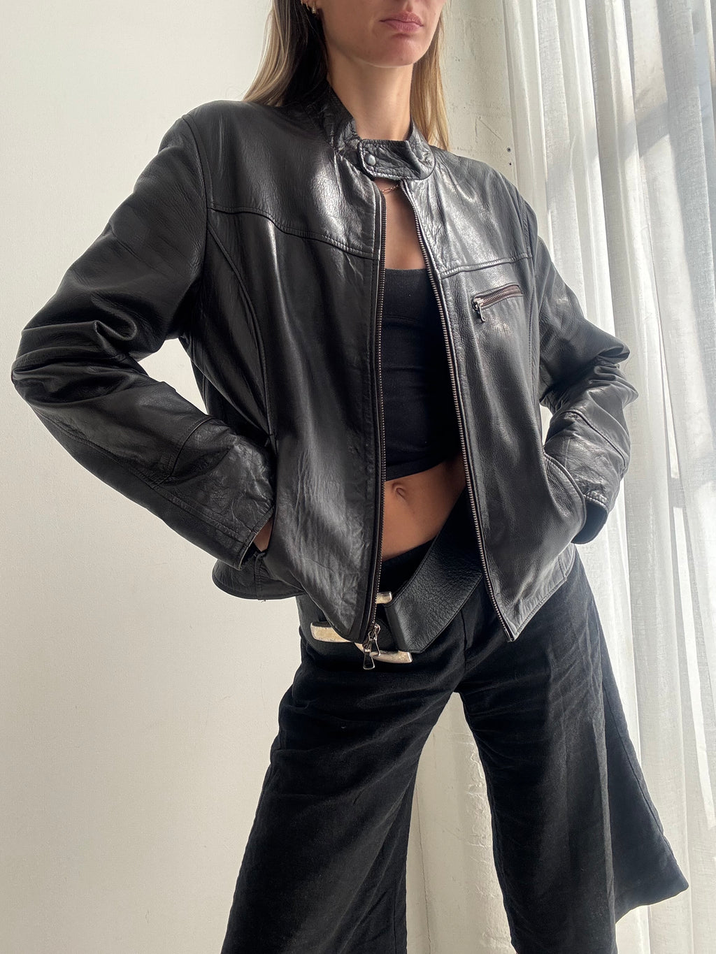 Vintage 90s Brown Leather Biker Jacket - Size M