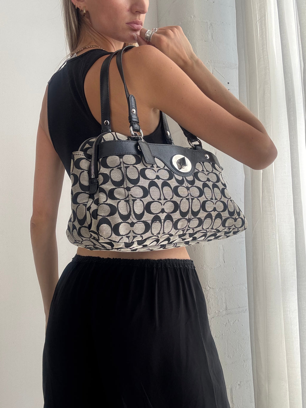 Vintage Y2K Coach Signature Penelope Satchel Bag – Black & Grey Monogram Canvas Shoulder Bag