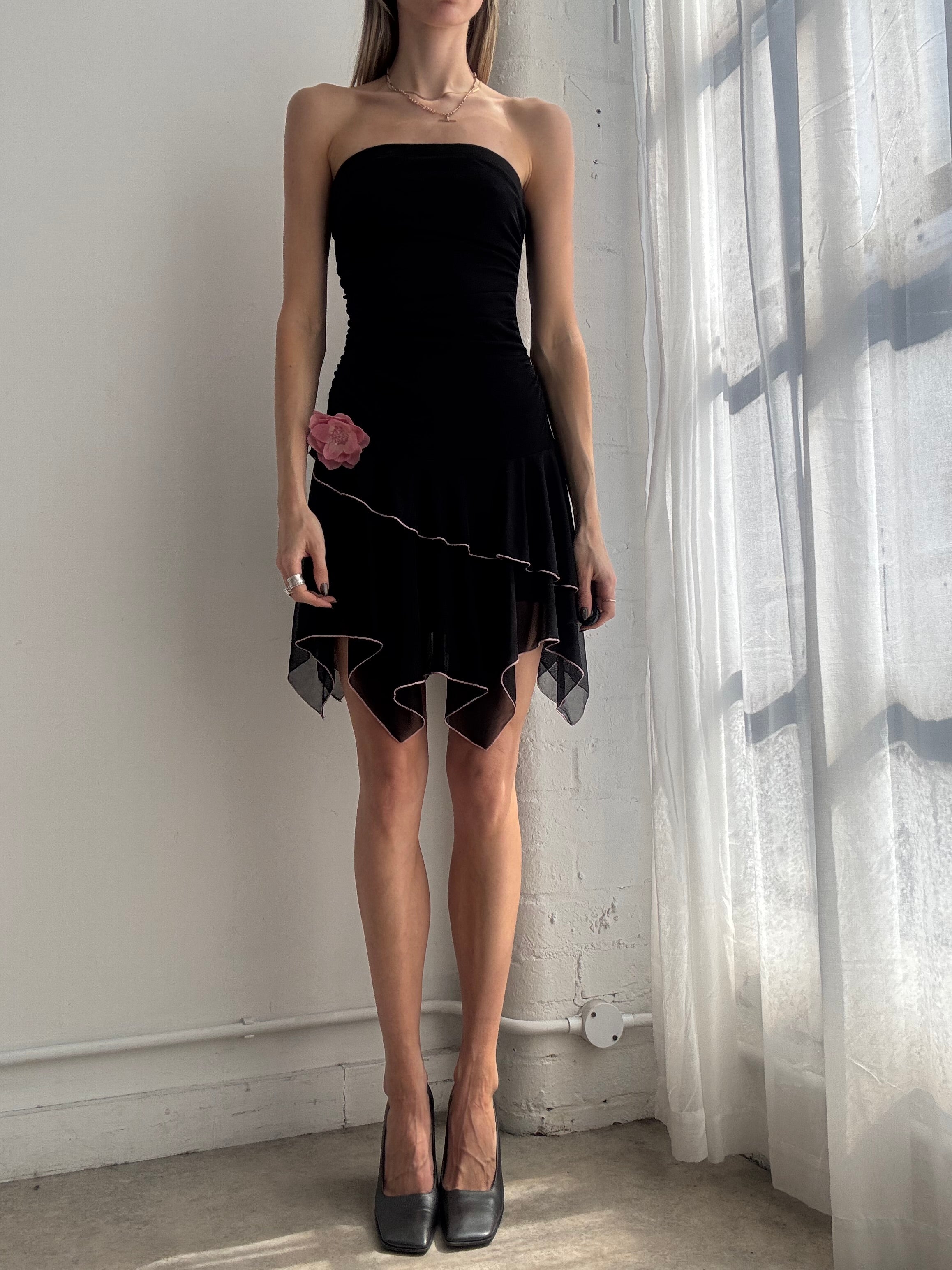 Vintage Y2K black strapless asymmetrical ruffle mini dress - Size XS