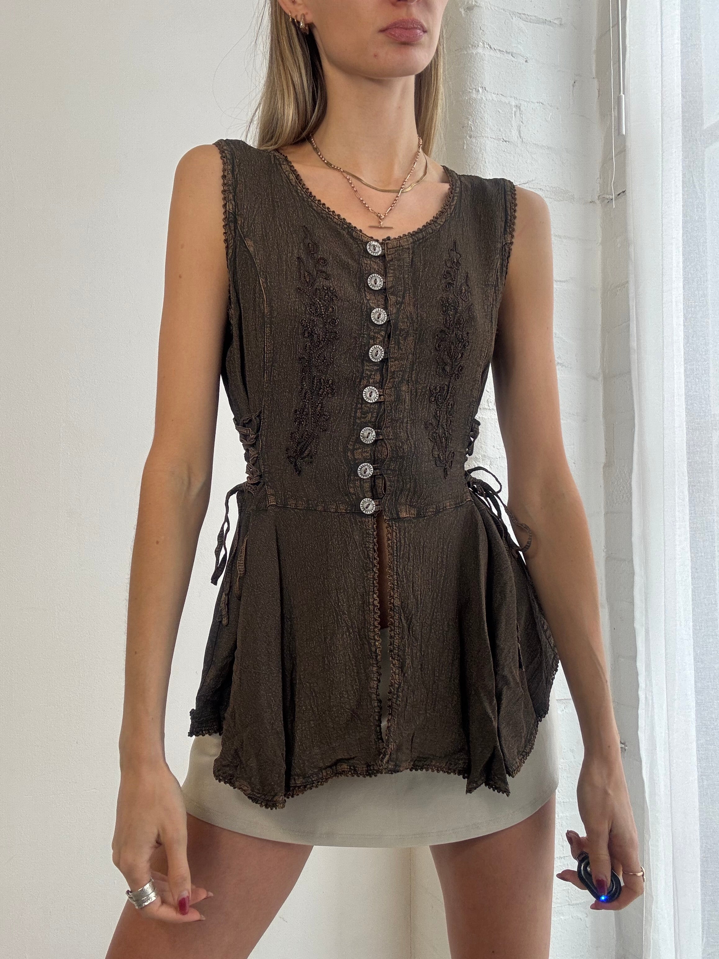 Vintage Y2K brown boho lace up embroidered top blouse boho